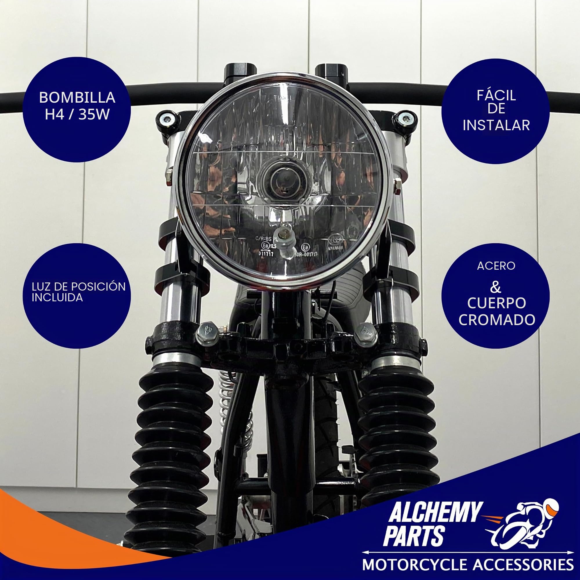 Faro cromado para motocicleta | Faro delantero universal de 165mm para Cafe Racers, proyectos retro y Street Bike personalizadas | Marcado E y homologación europea (negro brillante con bisel Chome)