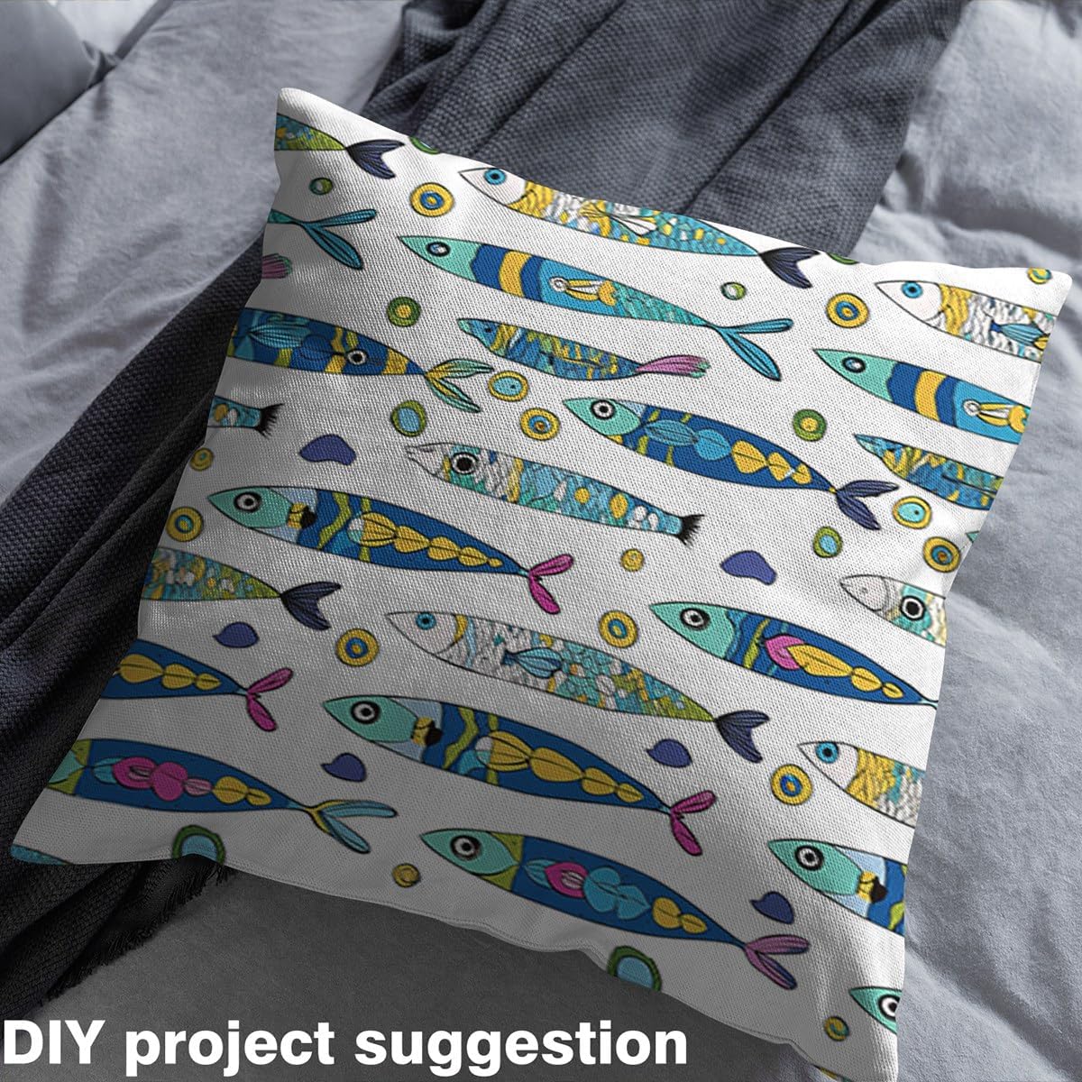 Boho Watercolor Fish Waterproof Fabric by The Yard Geometric Fishes Bohemian Print Sea Creature Home DIY Fabric by The Yard Graffiti Lines Upholstery Fabric for Arts Craft Quilting Sewing,3 Yards