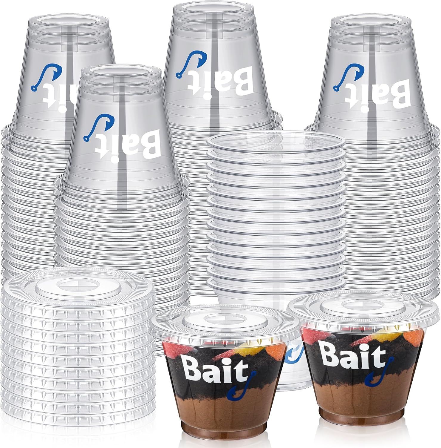 SiliFine 50 Pcs Fishing Party Favors 8/9 oz Bait Cups with Lids Disposable Bulk Plastic Bait Cups for Water Wine Coffee Cake Fishing Birthday Baby Shower Favors Decor (White,8 oz)