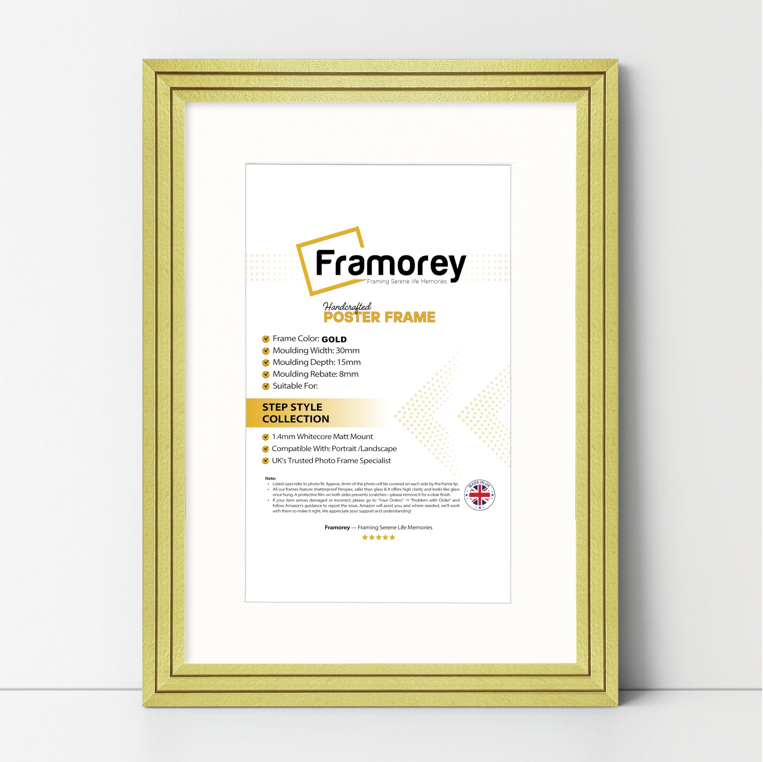 FRAMOREY Oxford Step Style Wooden Effect Picture Frame, 18x15" Size Gold Photo Frame With 14x11" Size White Mount, Casual Wall Art Poster Frames, Photo Print Frames