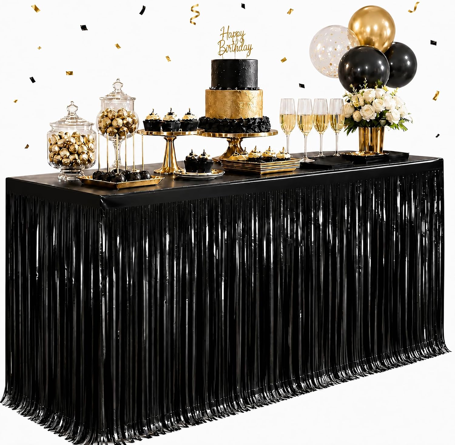 4-Pack Black Foil Fringe Table Skirt, Metallic Tinsel Streamers, 29x108 In