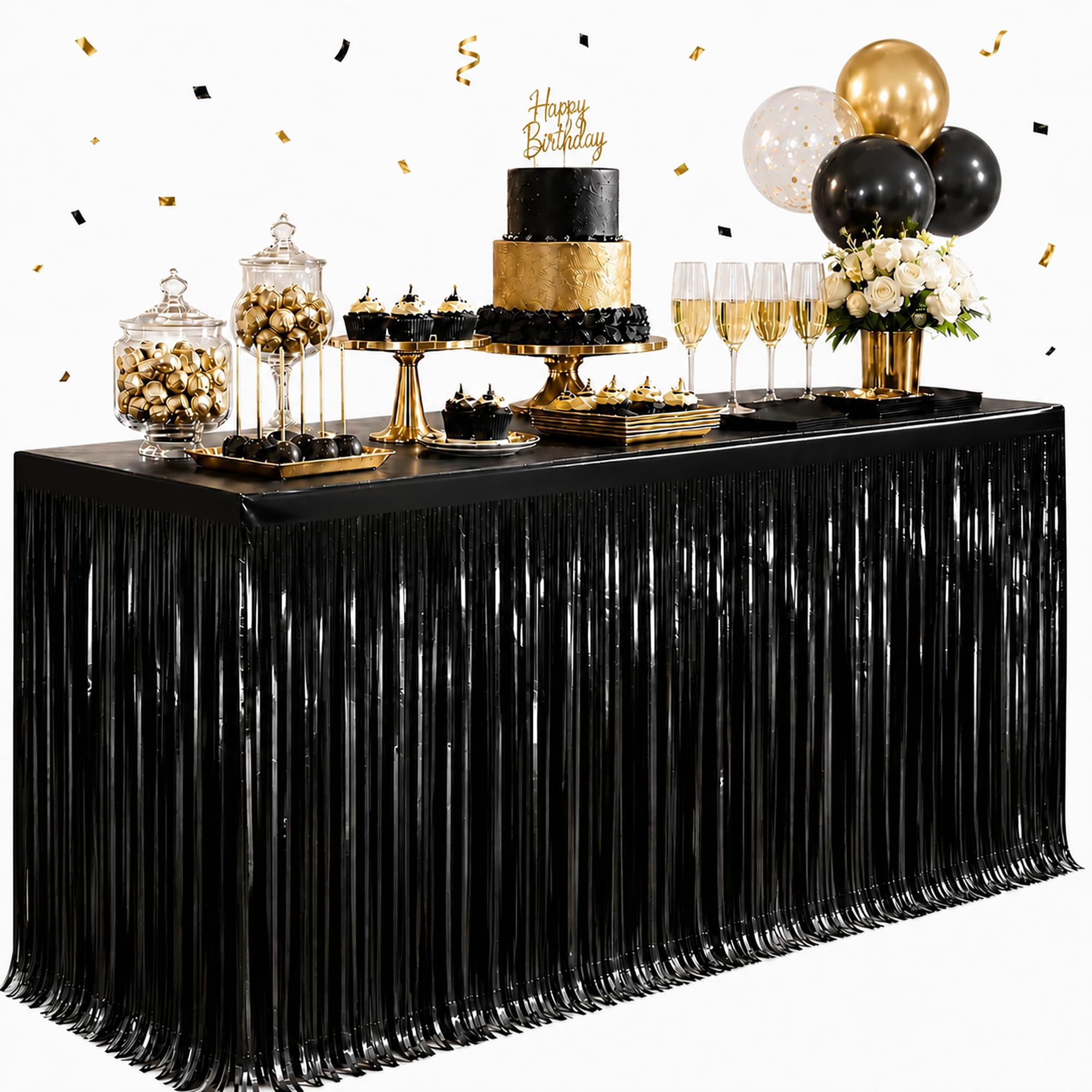 4-Pack Black Foil Fringe Table Skirt, Metallic Tinsel Streamers, 29x108 In