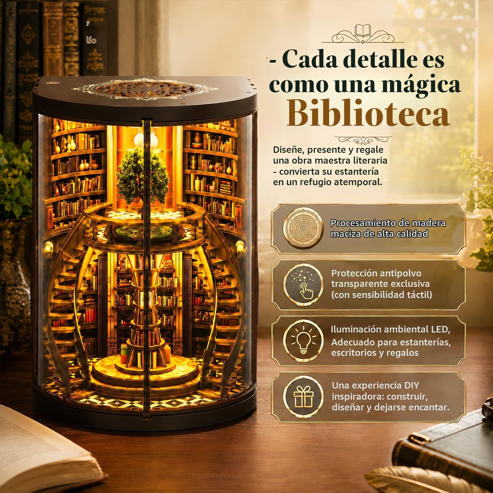 Kit Book Nook con Luz LED, Book Nook Biblioteca Antigua, 356 Piezas Puzzle 3D de Madera para Biblioteca, DIY Miniaturas para Montar, Sujetalibros Decorativo para Adultos, Regalo para Lectores