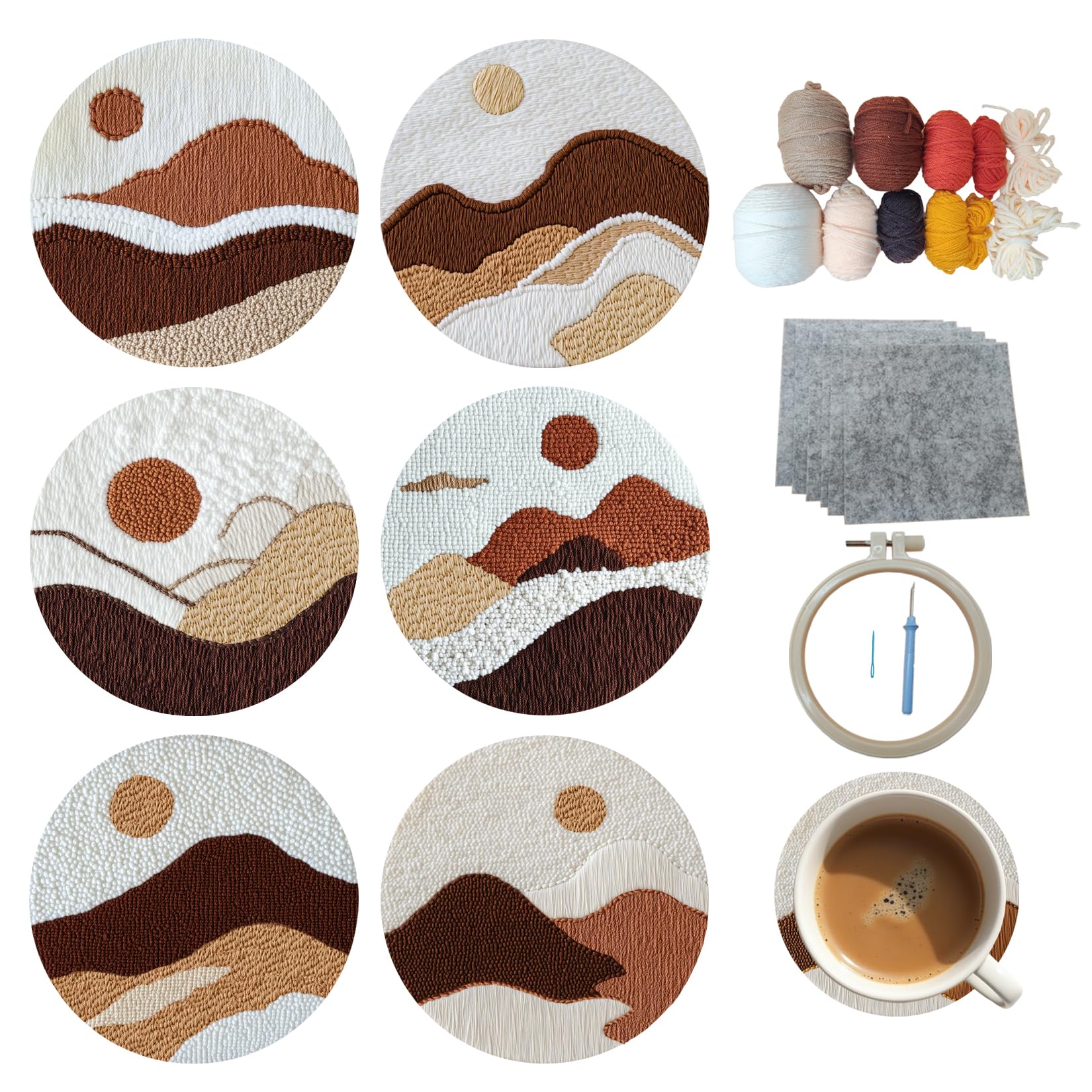 cukol cukol 6pcs Einfach Landschaft Punch Needle Set für Anfänger | Stanznadel Untersetzer zum Selbermachen, Stickset Coasters, DIY Kreatives Bastelset Hobby für Erwachsene & Kinder