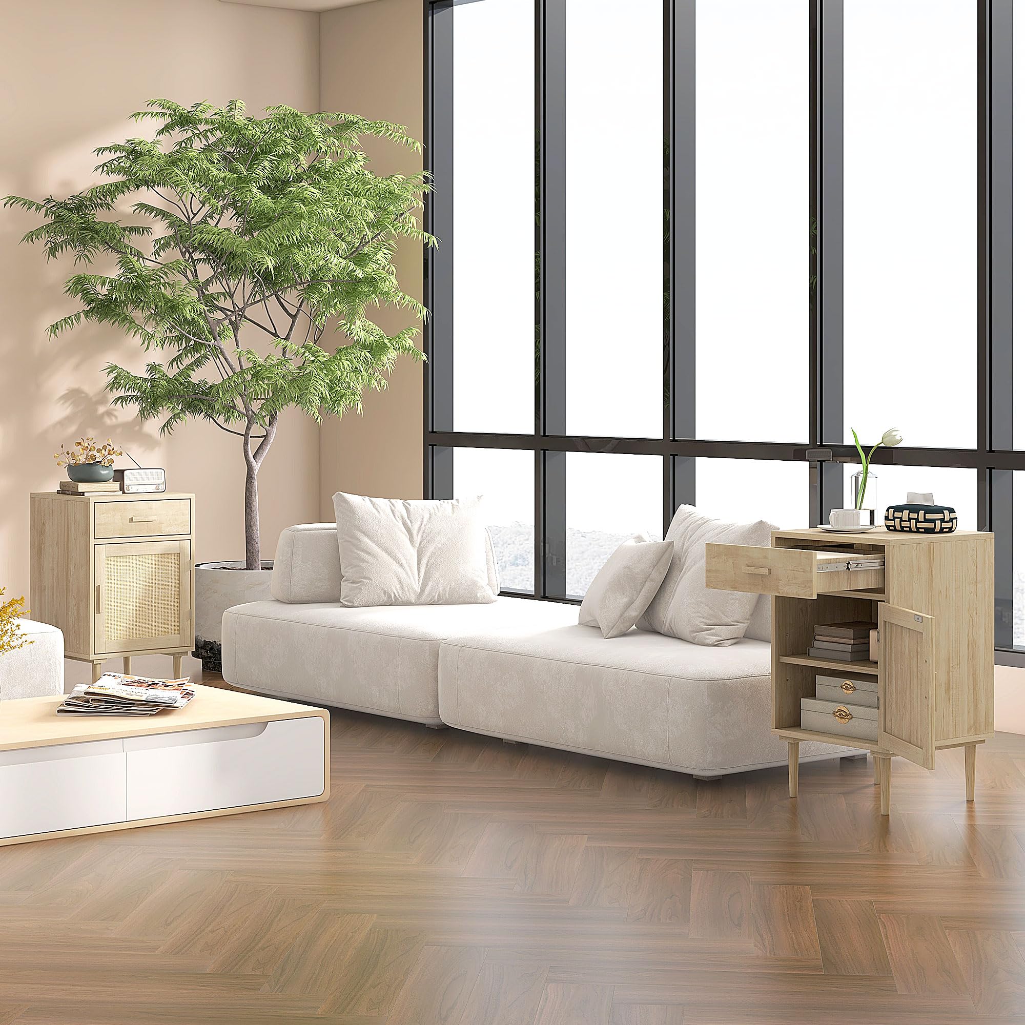 HOMCOM Comodino boho con cassetto mobile in rattan effetto legno naturale | Tavolino in rattan, mobile a 2 livelli, ripiano regolabile, comodino, camera da letto