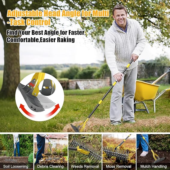 Dual-Action Thatch Rake for Lawn - Efficient 15 Thatching Rake with Sharp Dethatching Blade,Manual Dethatcher & Scarifier Tool for Dead Grass Removal,Soil Loosening,Garden Yard Lawn Care,55 Long