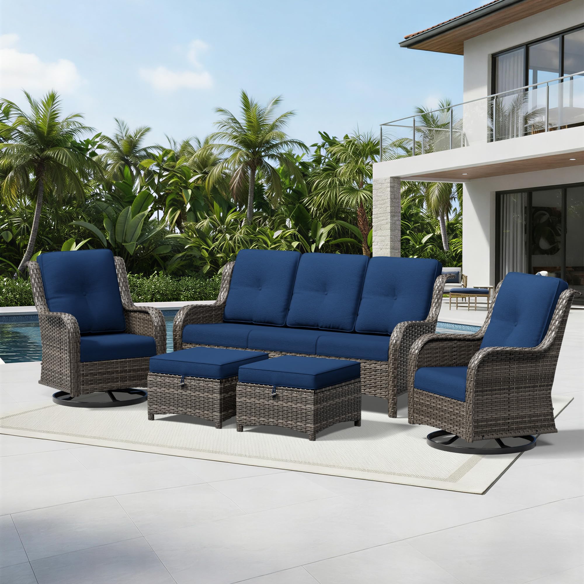 Joyside 5 Piece Wicker Patio Furniture Set, Outdoor Swivel Rocker Patio Chairs with High Back, Deep Seating, Wide Armrest, Thickened Cushions, Outdoor Furniture for Deck, Porch Use
