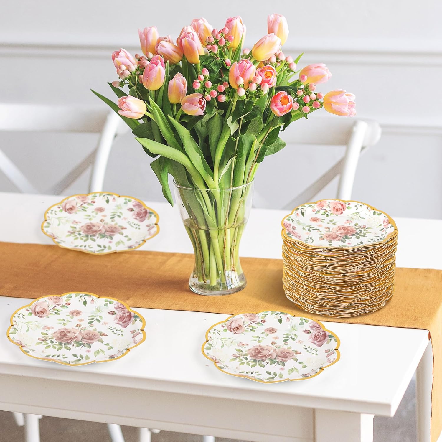 Kochorie 100 PCS Scalloped Party Plates, 9 Inch Disposable Floral Paper Plates, Pink Flower Paper Plate, Floral Dinner Plate Bulk for Birthday Bridal Baby Shower Wedding Party Supplies