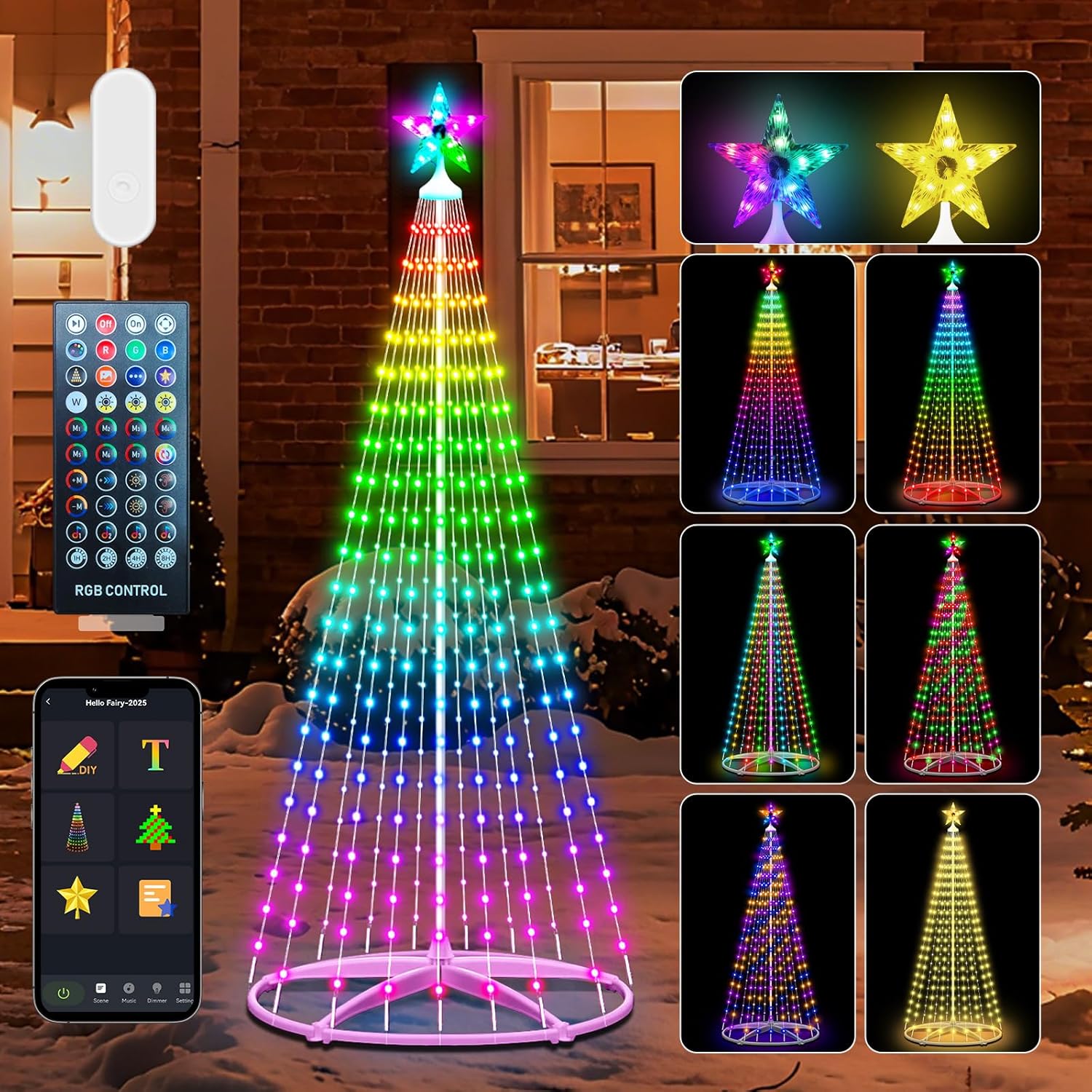 Image showing the 6ft LED cone tree light illuminated with various colors, alongside the remote control and a smartphone displaying the control app interface.