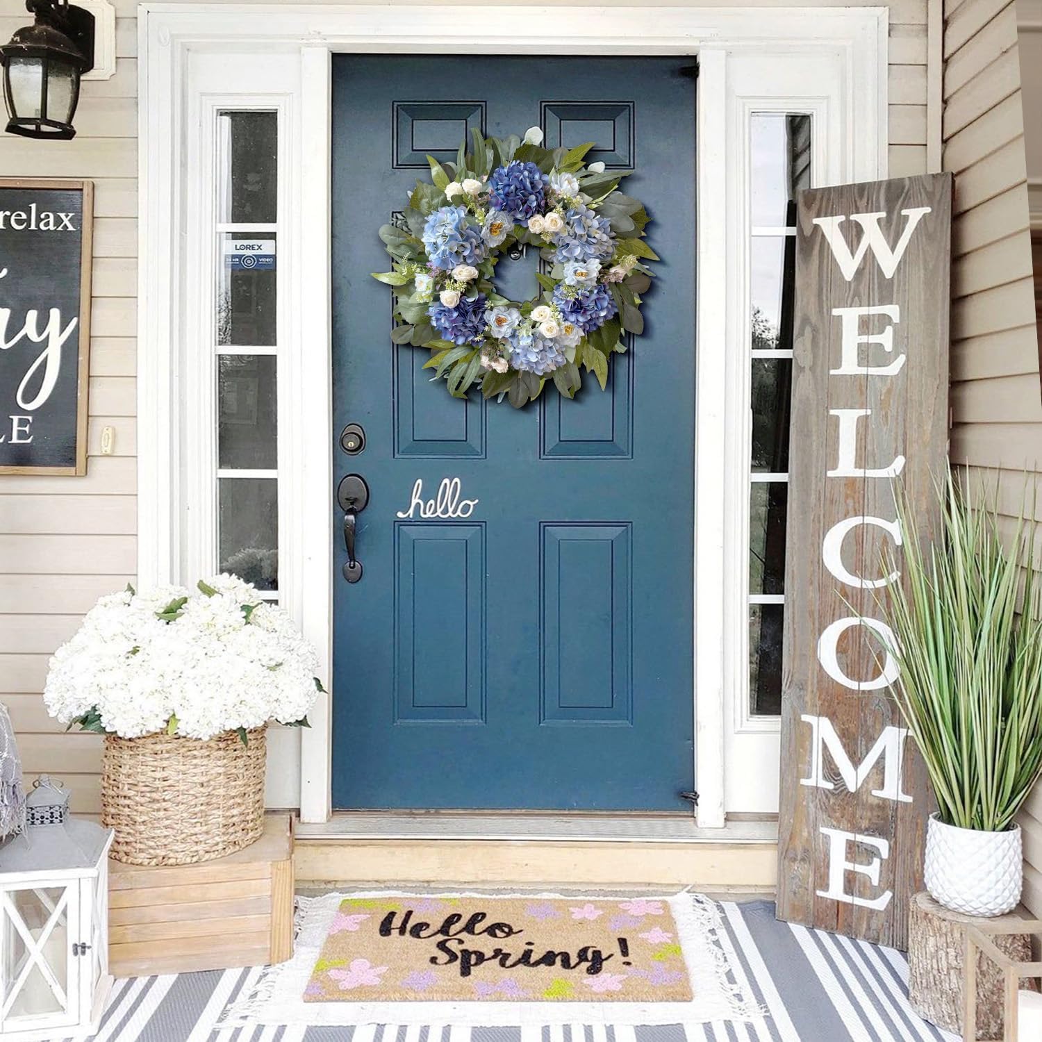 WANNA-CUL 24 Inch Spring Blue Hydrangea Wreaths for Front Door,Spring Door Wreath with Blue White Rose and Peony Flower for Wedding or Indoor&Outdoor Wreath Decoration