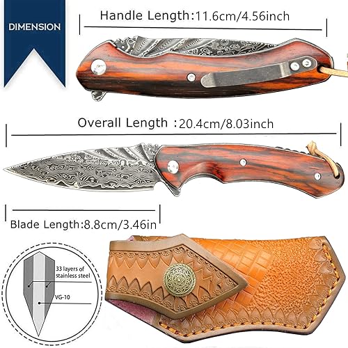 Miniatura 2 de Sitivien ST249 EDC - Cuchillo plegable de damasco, hoja de damasco con bloqueo de forro, rodamiento de bolas para supervivencia al aire libre,