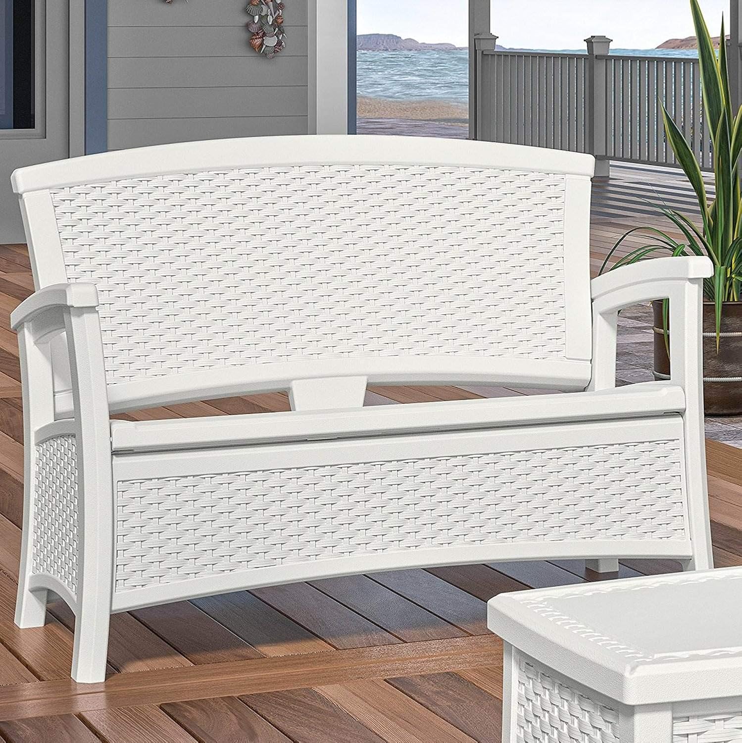 Suncast 2 Pack Elements Stylish Lightweight Loveseat Outdoor Seating with Convenient Built in Universal Storage, and All Weather Plastic, White