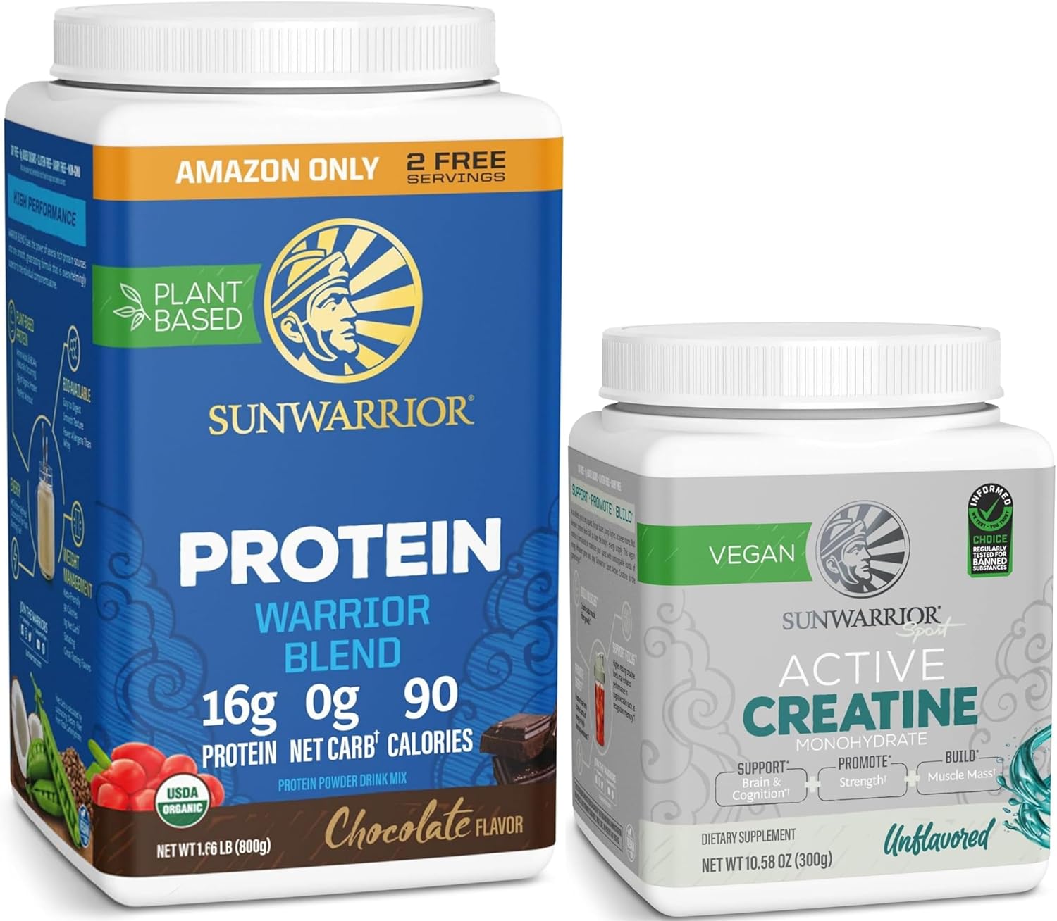 Creatine Powder & Chocolate Organic Plant Based Protein Powder Set | Bundle & Save | Vegan Organic Protein plus Unflavored Creatine Monohydrate (60 Servings Unflavored, 32 Servings Chocolate)