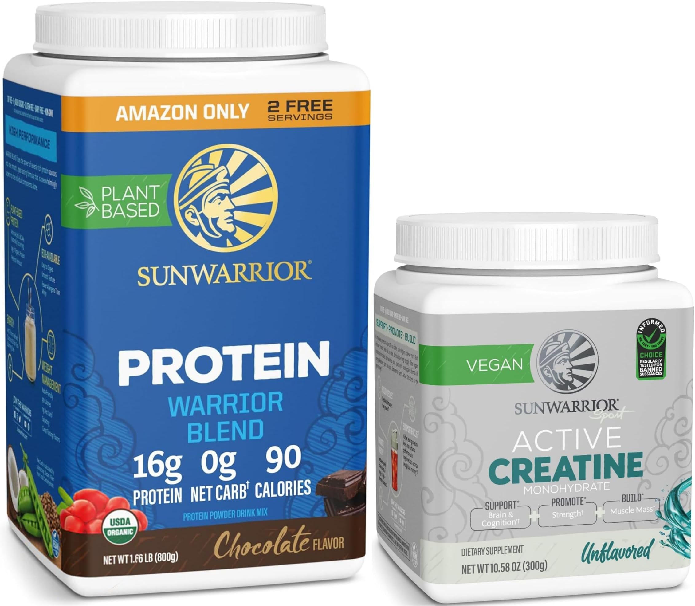 Creatine Powder & Chocolate Organic Plant Based Protein Powder Set | Bundle & Save | Vegan Organic Protein plus Unflavored Creatine Monohydrate (60 Servings Unflavored, 32 Servings Chocolate)