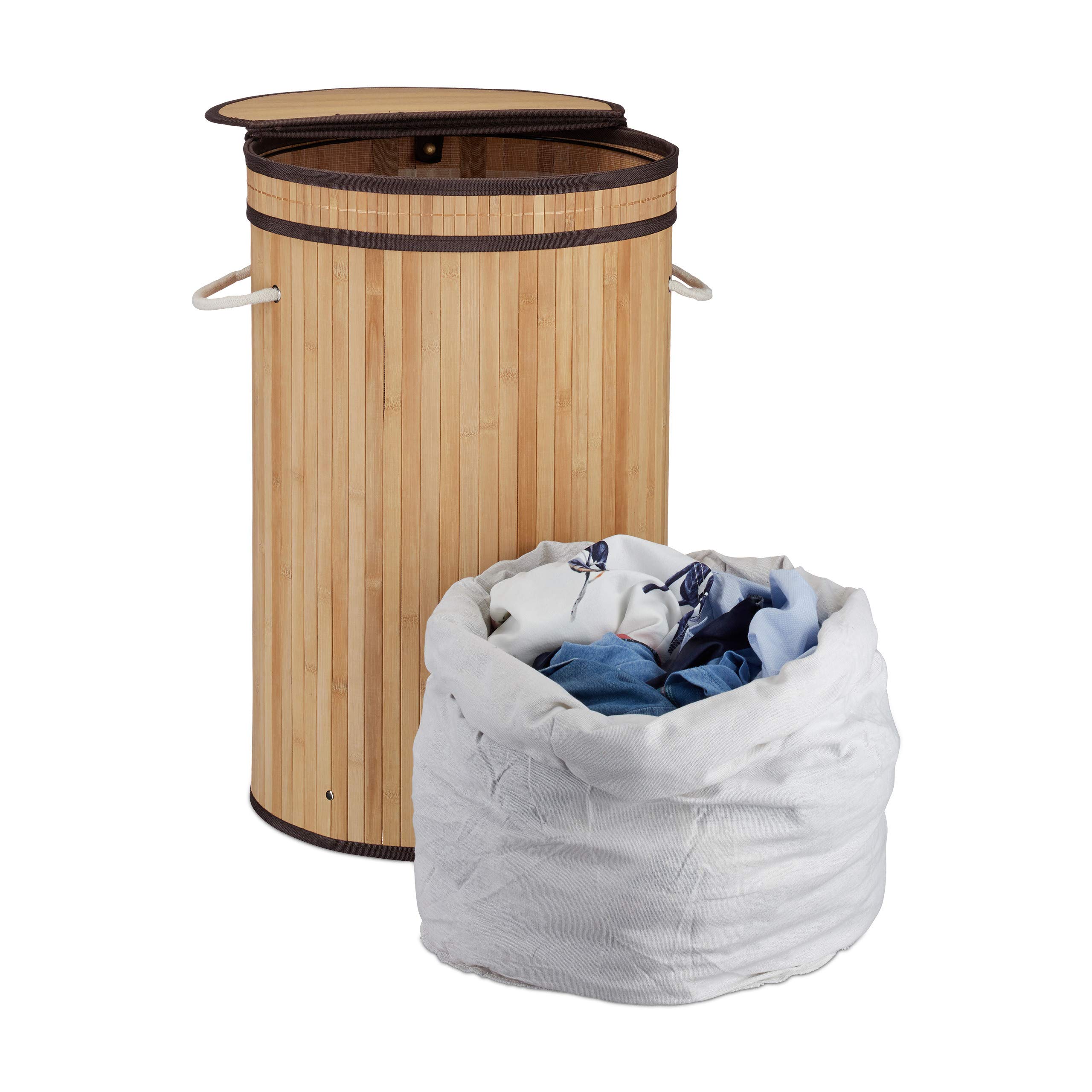 Relaxdays Bambusowy kosz na pranie, okrągły kosz na pranie z pokrywą na zawiasach, 65 l, składany pojemnik na pranie, okrągły, Ø 40 cm, naturalny