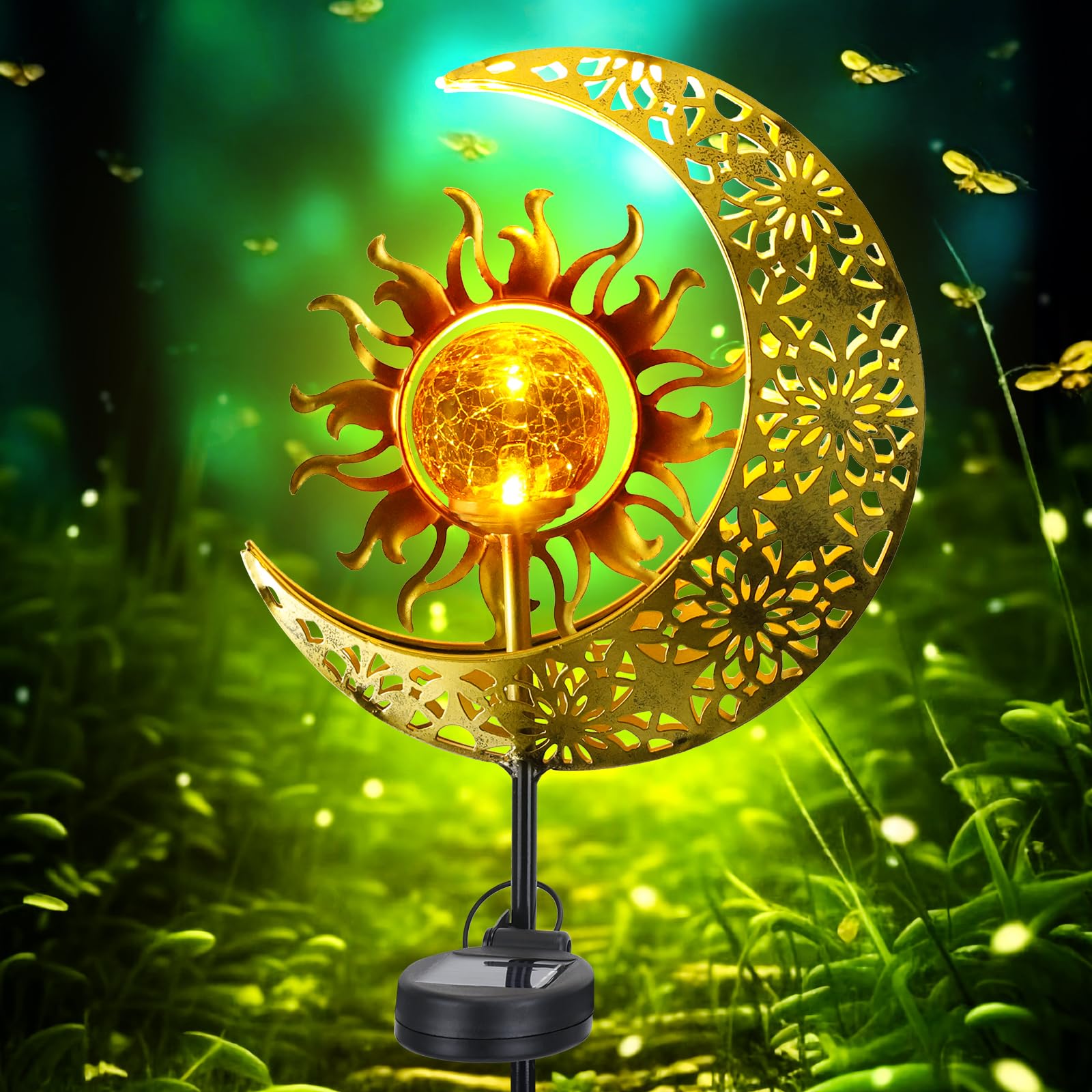 Wudyfei Women's White Solar Garden Lights Outdoor, Moon Solar Light With Crackle Glass Globe, Decorative Solar Garden Ornament With Warm Led Light For Lawn, Patio, Yard, Courtyard, Garden Decor Gift For Mum(Moon)
