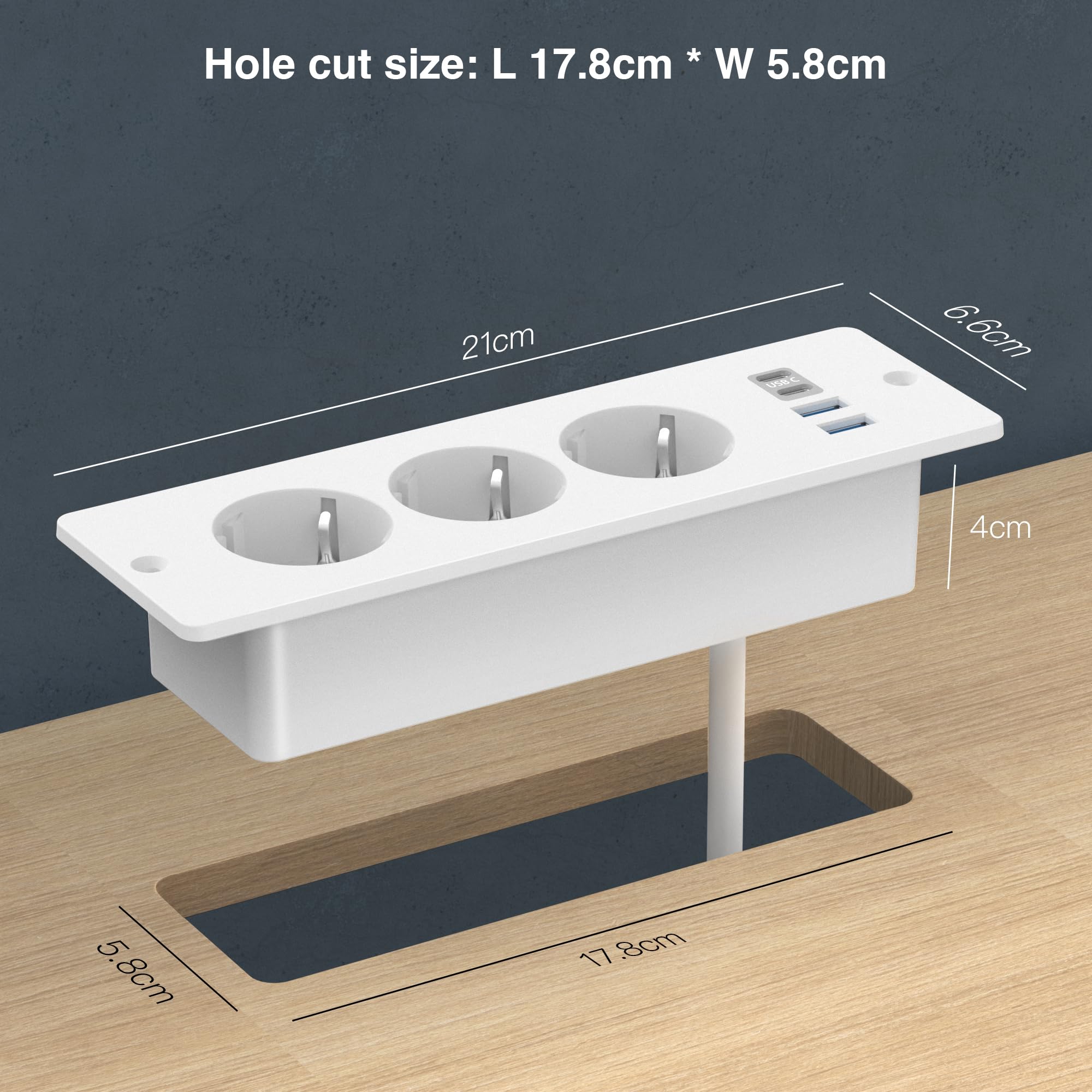 Blat wpuszczane gniazdko z 2 portami USB i 2 typami C, listwa zasilająca z 3 gniazdami do zabudowy, z kablem o długości 2 m, do mebli lub powierzchni roboczych (biała) | Listwa zasilająca z kablem 2 m, gniazdko stołowe, listwa zasilająca do mebli lub blat