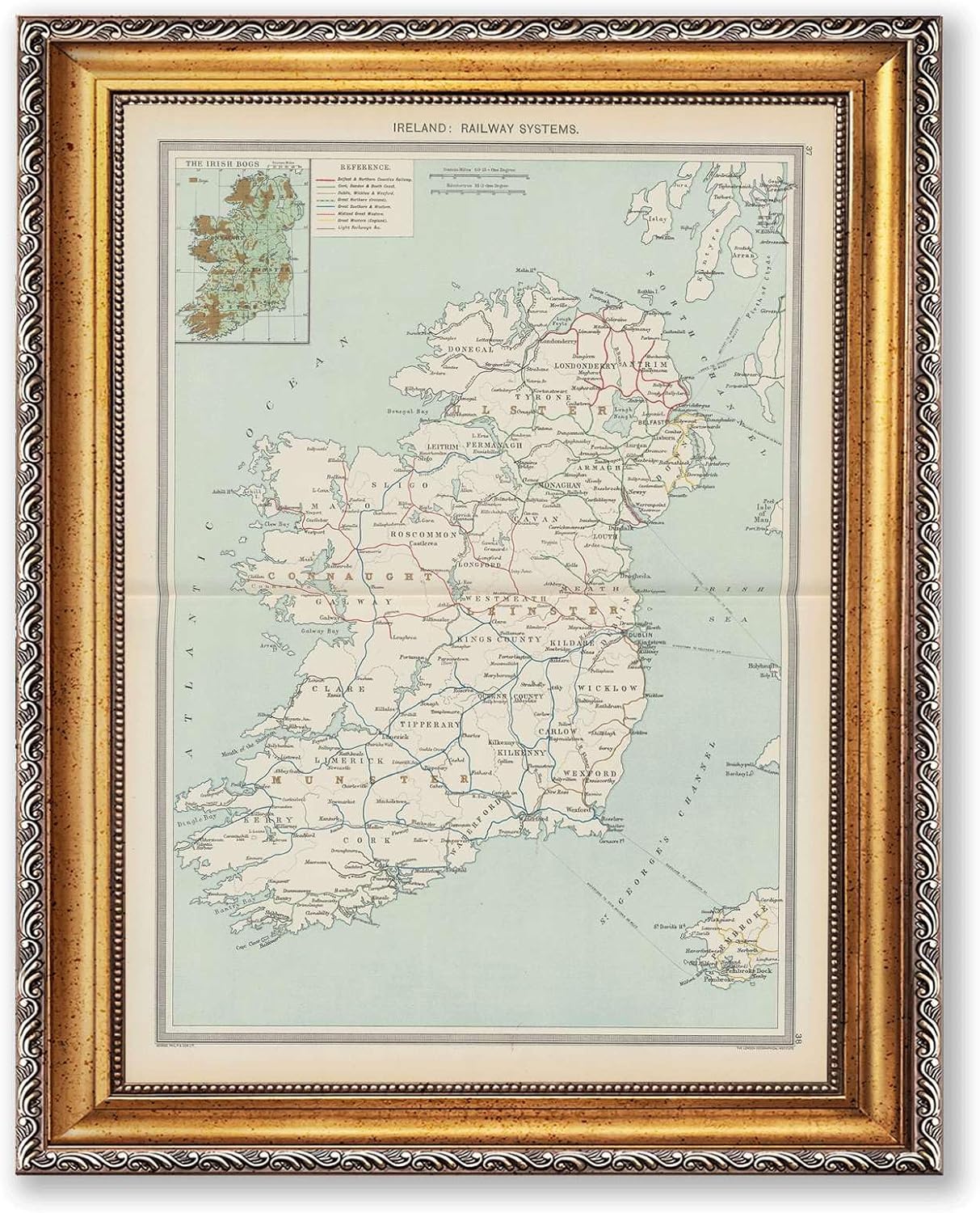 Vintage Framed Ireland Railway Map Wall Art Canvas Print Oil Paintings Reproduction World Classics, Retro Poster, Painting, Pictures, Wall Decor, Elegant Home Decor Living Room Office (Retro Framed,12L"x16W")
