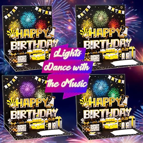 Miniatura 2 de Ribbli Tarjetas de cumpleaños, fuegos artificiales con luz y música, tarjeta de cumpleaños musical desplegable para hombres y mujeres, 7.1 x 7.1