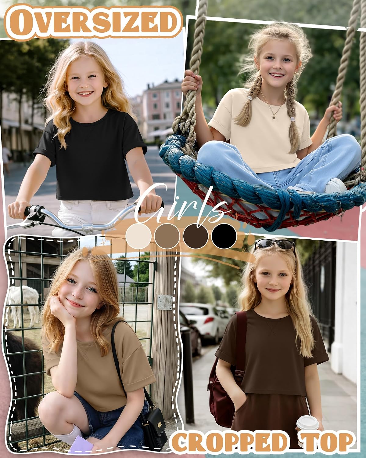Oakgarden 4 Pack Girls Crop Tops Oversized Rolled Short Sleeve Crew Neck Shirts Kids Summer Basic Cute Tees 5-14 Years