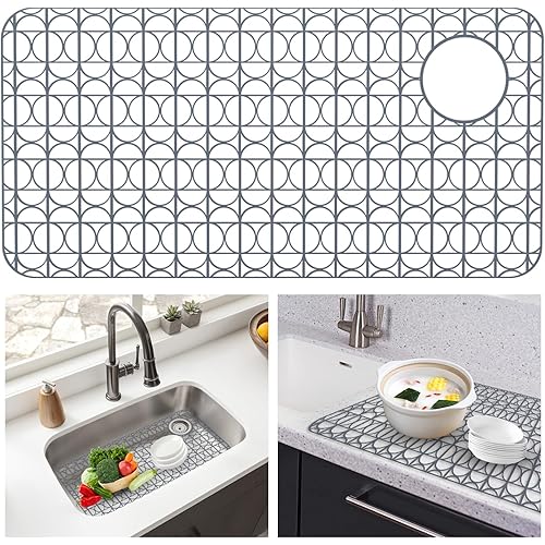 Kitchen Silicone Sink Protector Mat 28''×14'' Farmhouse Sink Protectors for Stainless Steel Kitchen Grey Sink Grid with Rear Drain