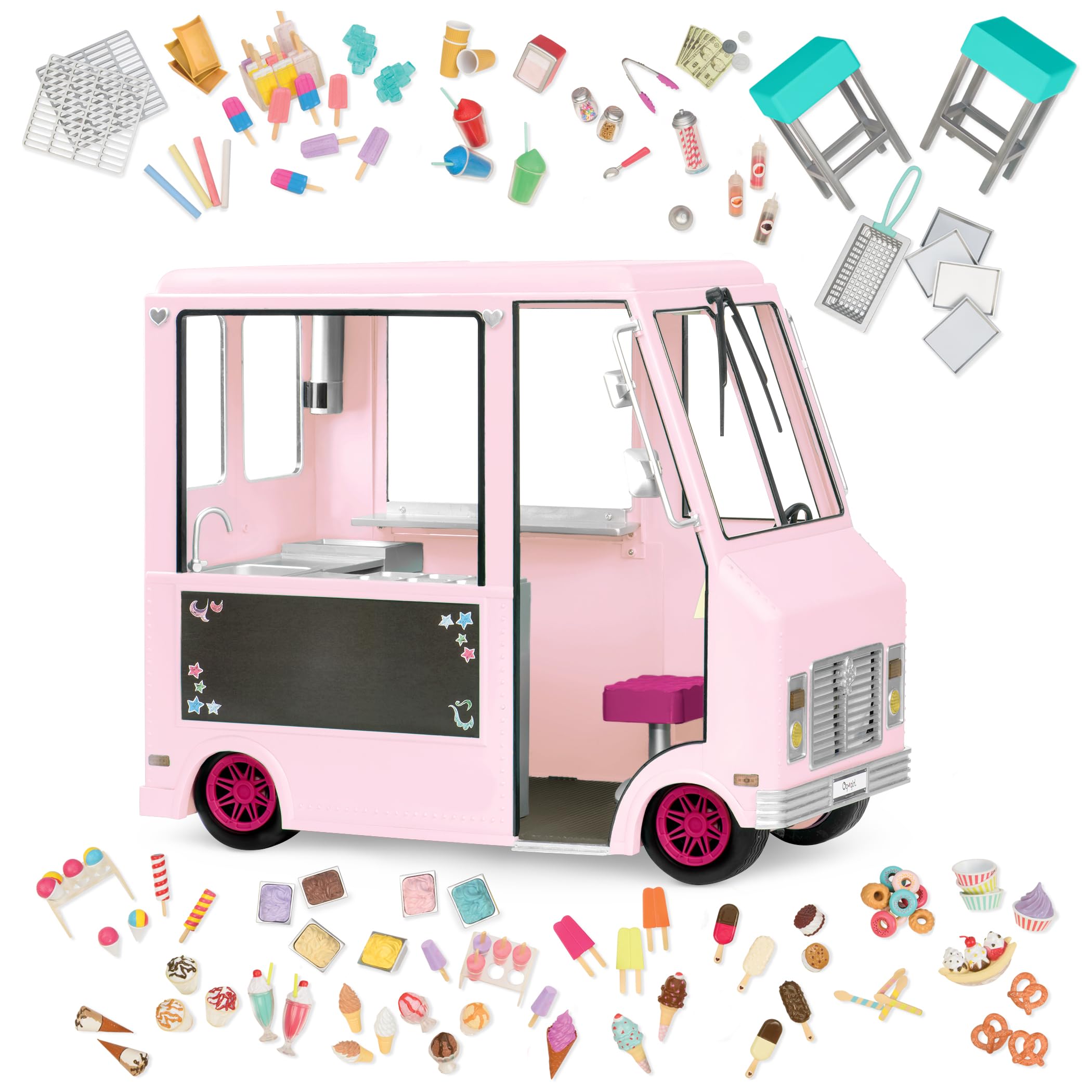 Our Generation Sweet Stop, Camion à Glace Rose pour poupées de 46 cm | Camion à glace rose avec tableau à craie, lumières, essuie-glace et 3 chansons; comprend 128 pièces au total; 3 ans et +