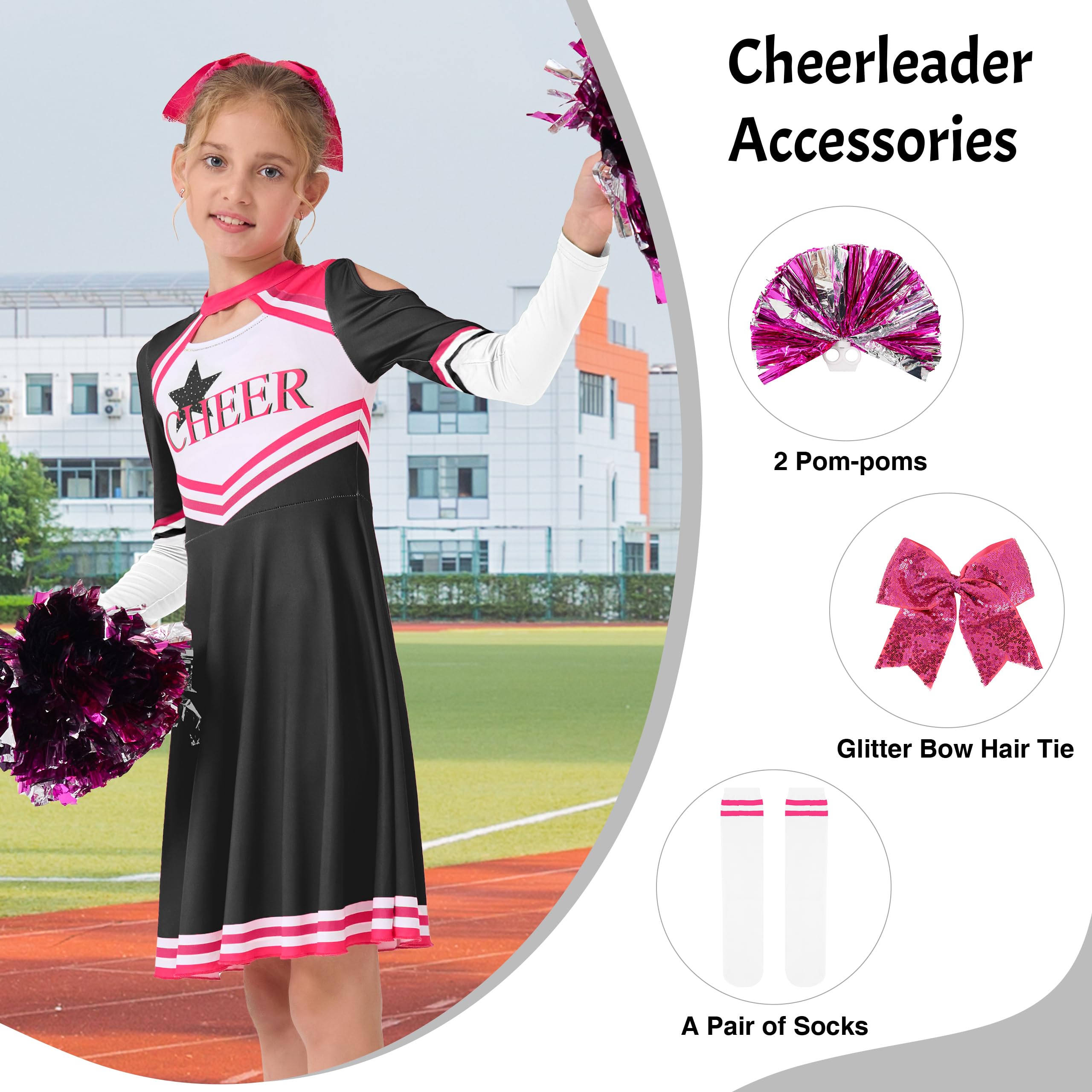 LOLANTA Costume da Cheerleader per Bambini, Vestito da Cheerleader a Maniche Lunghe per Ragazze con Pompon e Calzini, Carnevale o Evento Sportivo