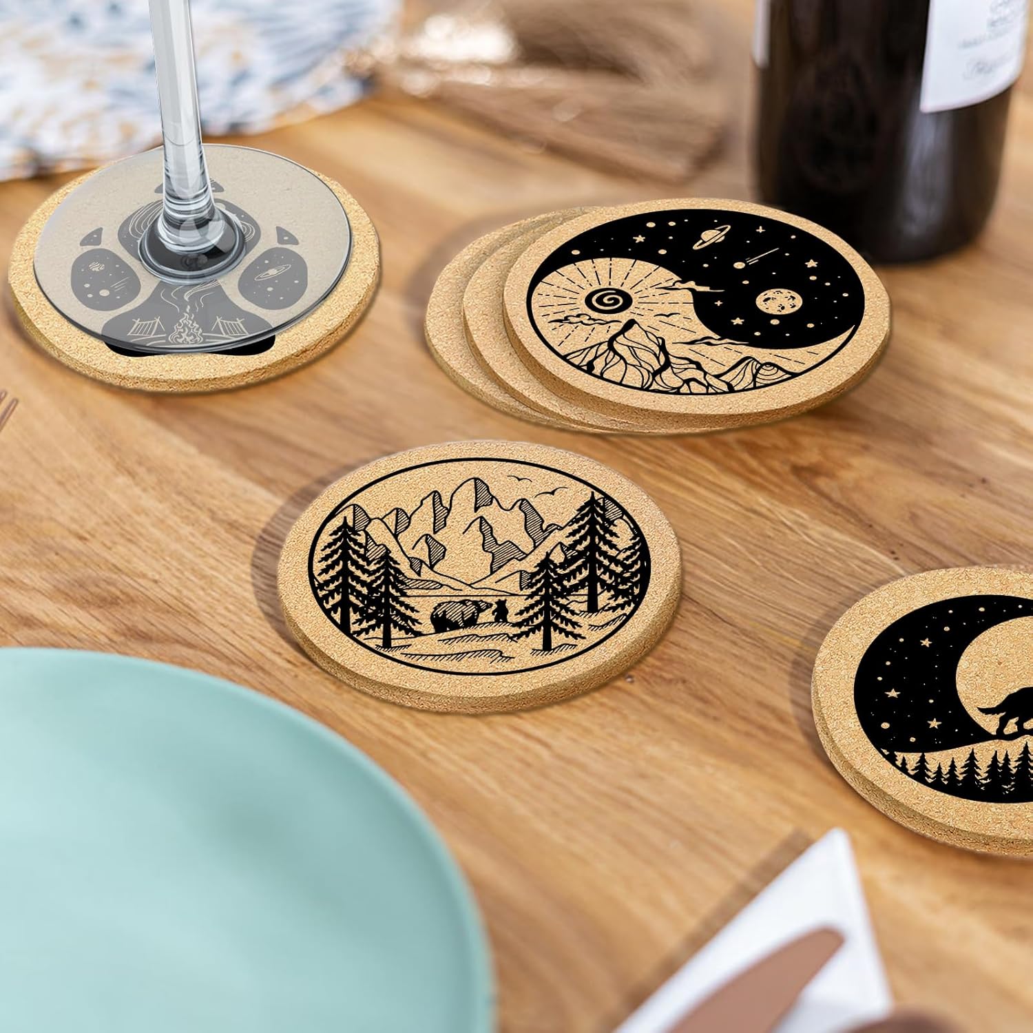 Coasters for Drinks with Holder Set of 6, Mountain Cork Coaster Absorbent Wood for Cup Desk Office Table Kitchen Decor House Warming Gifts for New Home Couples, Round 4" - Image 5