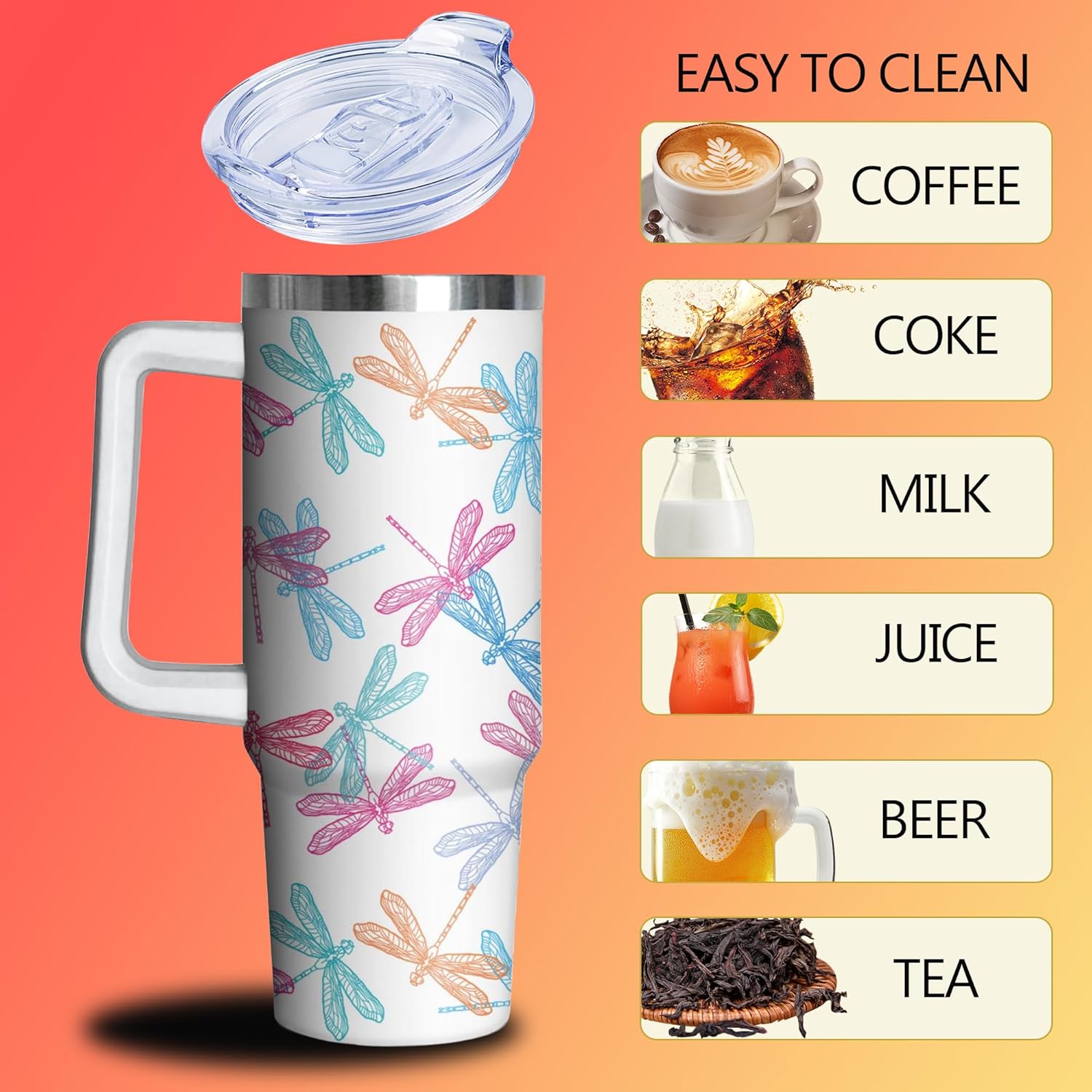 30 oz Dragonfly Tumbler with Handle and Straw, Insulated Stainless Steel Cup with Lid, Travel Coffee Mug Water Bottle, Gifts for Woman Animal Lovers - Image 3