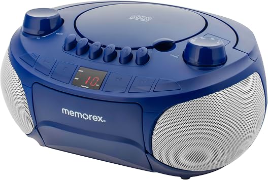 Memorex AM/FM Top Loading Cassette CD Player | Portable Stereo with Programmable Memory | Auxiliary Input, Auto-Stop Deck and LED Display Blue