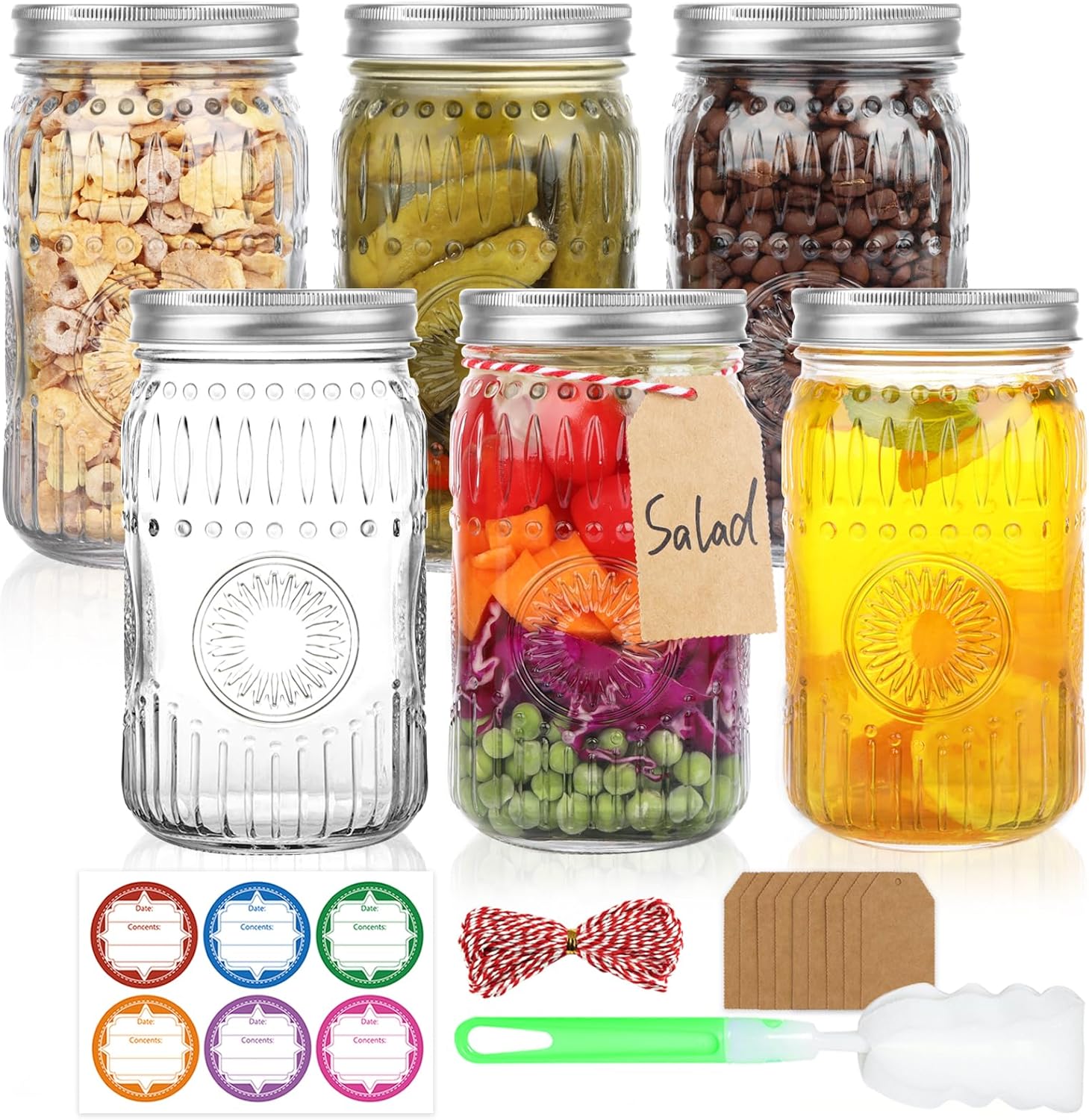 HINGWAH Wide Mouth Mason Jars 32 oz, 6 Pack Large Quart Mason Jars with Airtight Lids and Bands, Clear Glass Canning Jars for Preserving, Pickling, Fermenting, Meal Prep & DIY Crafts (Sunflower)