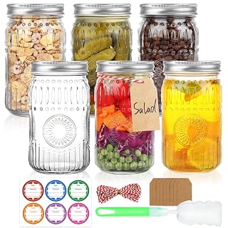 HINGWAH Wide Mouth Mason Jars 32 oz, 6 Pack Large Quart Mason Jars with Airtight Lids and Bands, Clear Glass Canning Jars for Preserving, Pickling, Fermenting, Meal Prep & DIY Crafts (Sunflower) - Amazon product rated Grade A