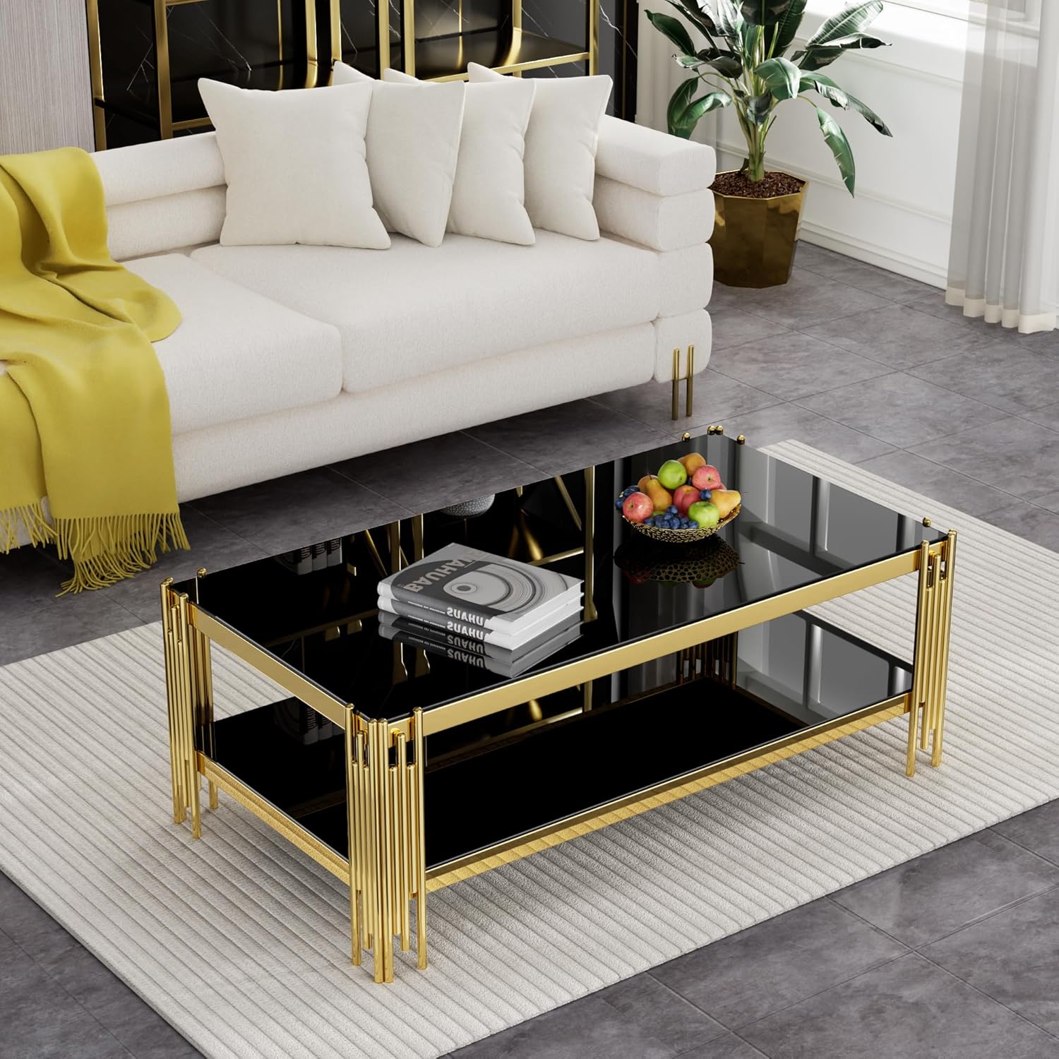 47" Black Tempered Glass Coffee Table, 2 Tier Center Table w/Storage Shelf & Gold Stainless Steel Tube, Cocktail Table,Tea Table, Mid Century Modern Coffee Table for Living Room Small Space Office