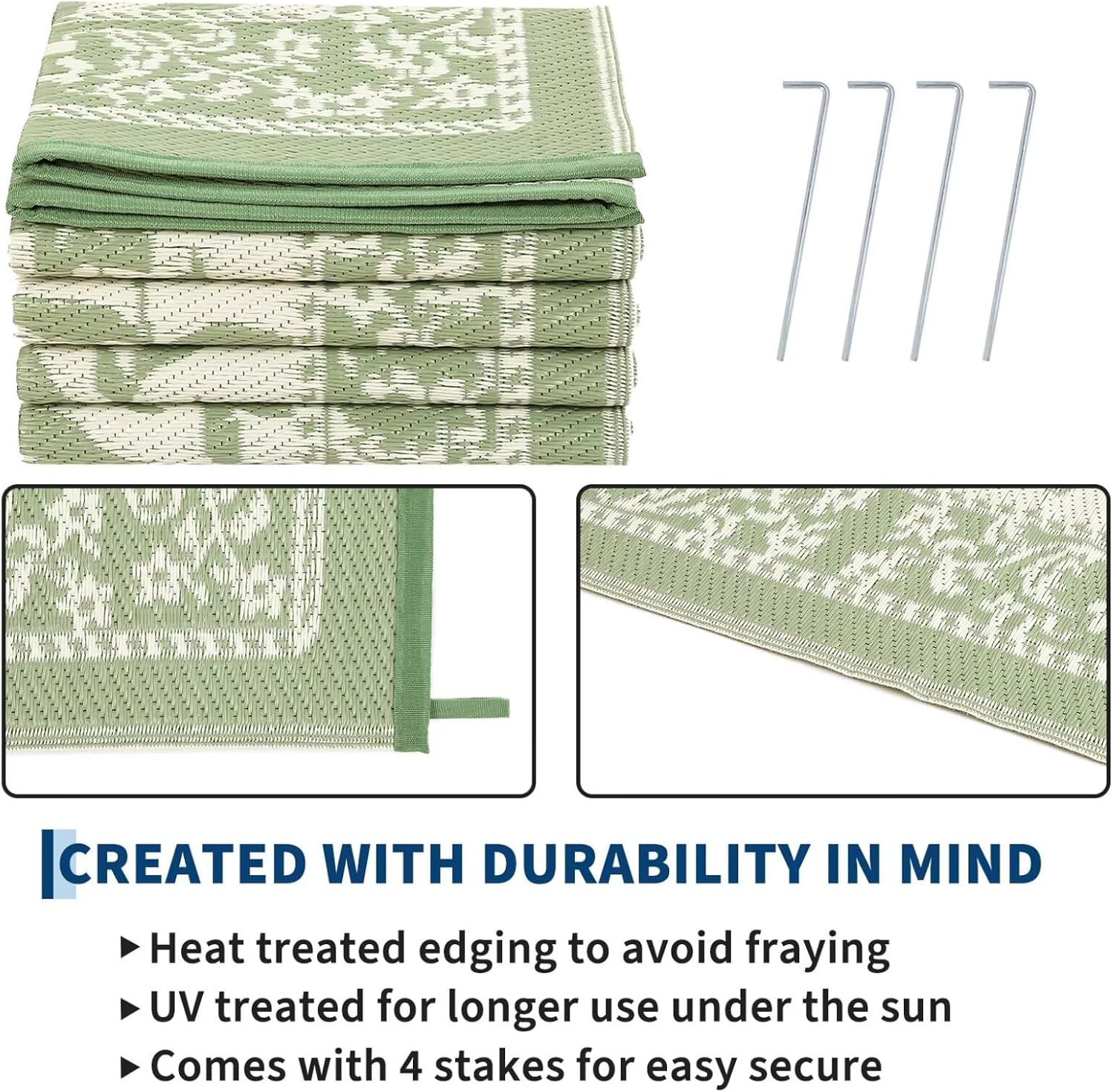 Garvee Outdoor Rug 8x10, Waterproof Reversible Foldable Plastic Straw Rug, Botanical cottagecore Outdoor Rugs Patio Camping RV Carpet for Deck Camper Porch Balcony Picnic Beach Gray sage Green