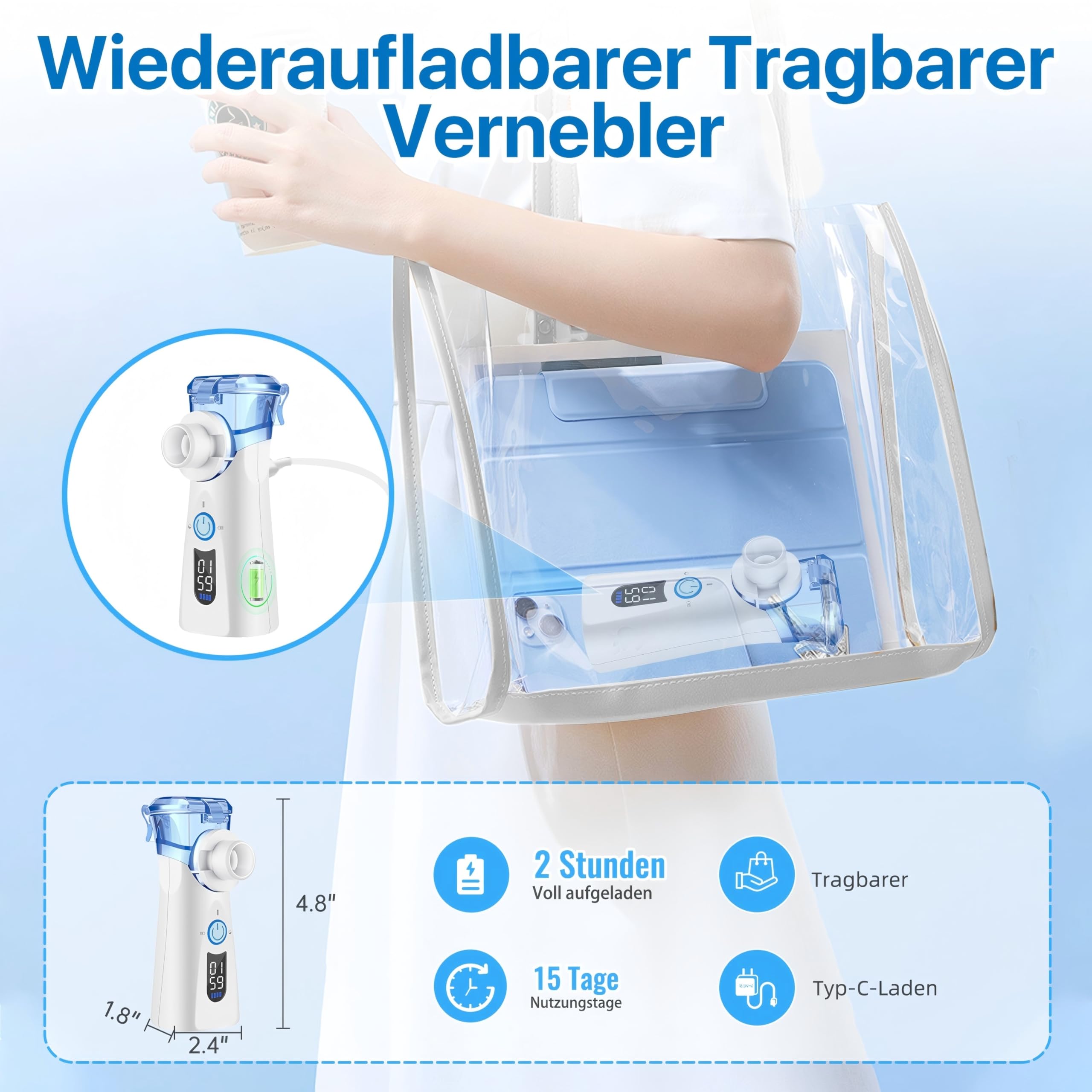 Inhalationsgerät Ultra Leise, Inhaliergeräte für Erwachsene Kinder LED-Bildschirm mit 3 Zeitgesteuerten Sprühmodi Tragbare Typ-C Aufladbar Inhalator mit 2 Masken 1 Mundstück