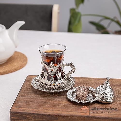 Miniatura 3 de Alisveristime Juego de 6 vasos de té turco hechos a mano con platillo de agua Zamzam (plateado)