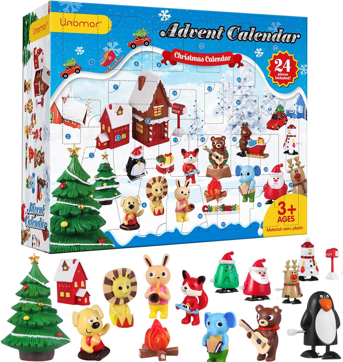 Unomor Christmas Advent Calendar, Kids Advent Calendar 2019 with 24PCS Resin Crafts and Winding Toys for Girls Boys - Countdown to Christmas