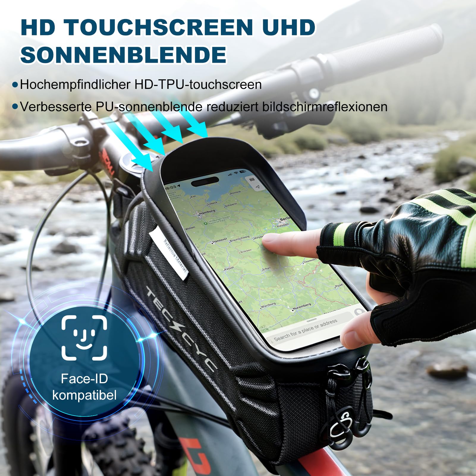 TECHCYC Rahmentasche Fahrrad wasserdicht TPU Touchscreen - Fahrradtasche Rahmen bis 7 Zoll Handy, Reflektierende Oberrohrtasche für MTB, Rennrad, E-Bike & Gravelbike, Bikepacking Zubehör