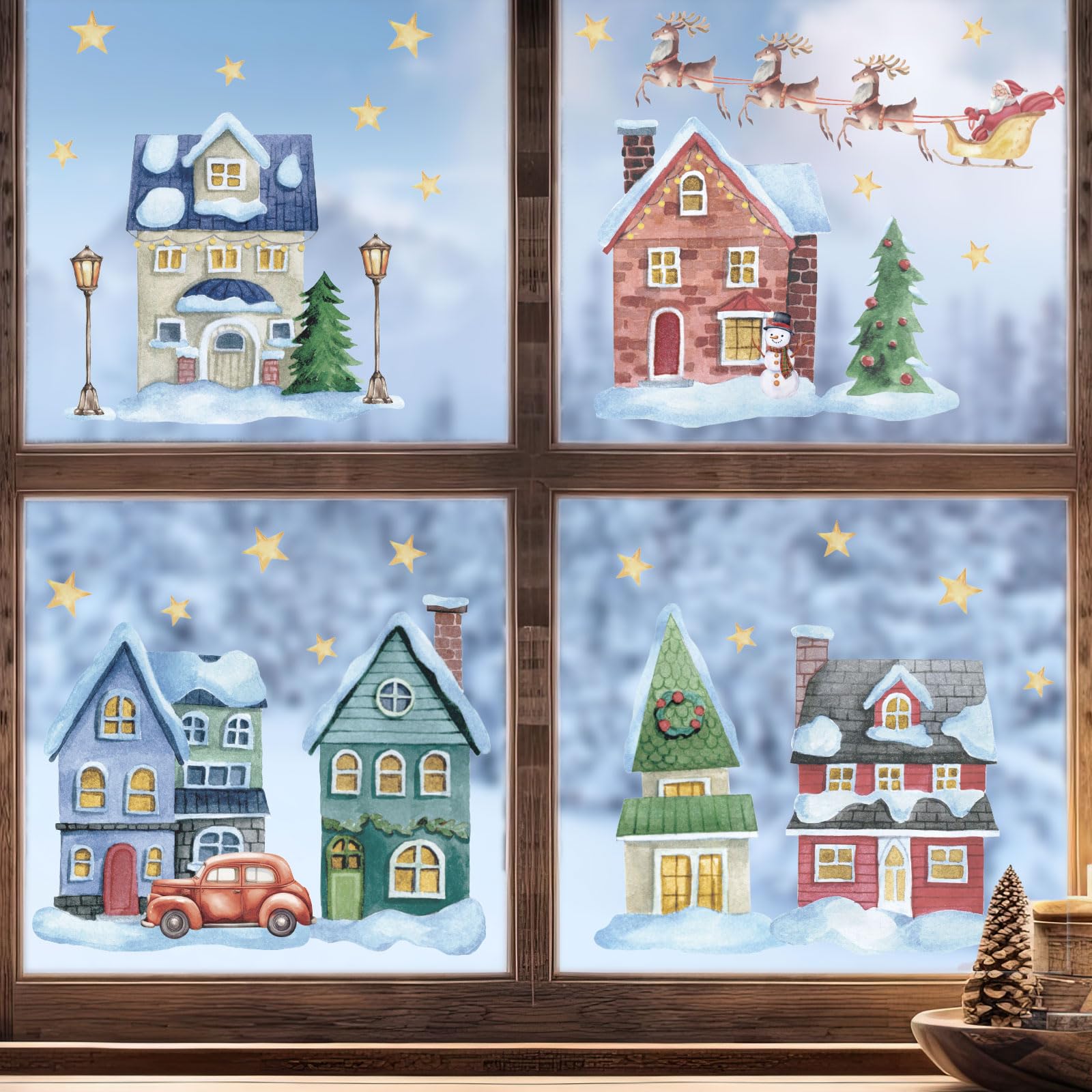 GEBETTER 6 Hojas Pegatinas Navidad Ventanas Cristal Doble Cara, Decoración Ventana Navidad Invierno Año Nuevo, Adorno Navideño Hogar Casas Nieve Árboles Renos Papá Noel Luz Calle (Casitas Estrellas)