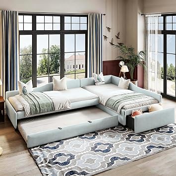 Bellemave L-Shape Upholstered Double Twin Size Daybed with Trundle and Drawer, Green Gray Linen Fabric Daybed for Living Room, 2 Twin Beds + Pull-Out Trundle, No Box Spring Needed