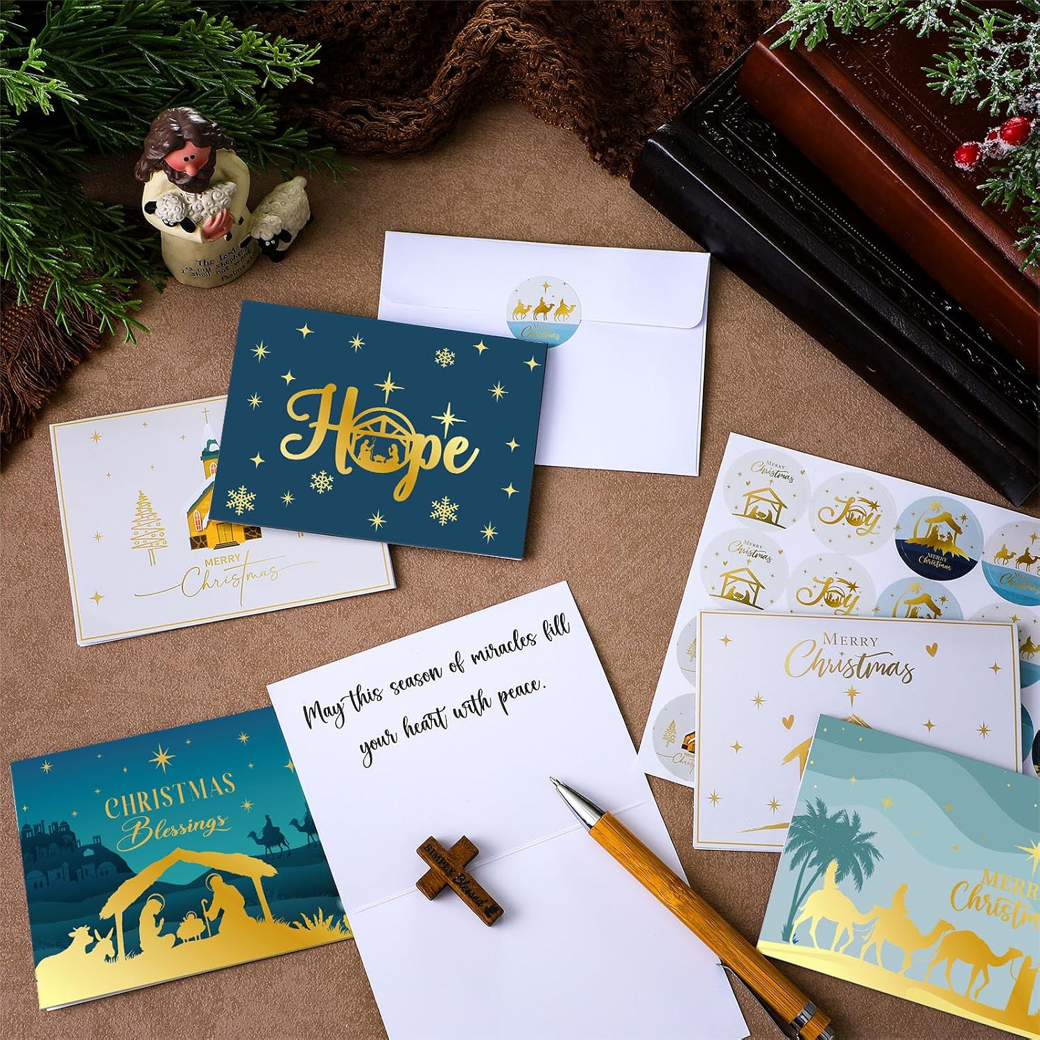 Yeaqee 100 Pack Religious Christmas Cards with Nativity Scene Christmas Greeting Assortment Scripture Religious Christian Xmas Cards with Envelopes and Sticker for Xmas Gifts