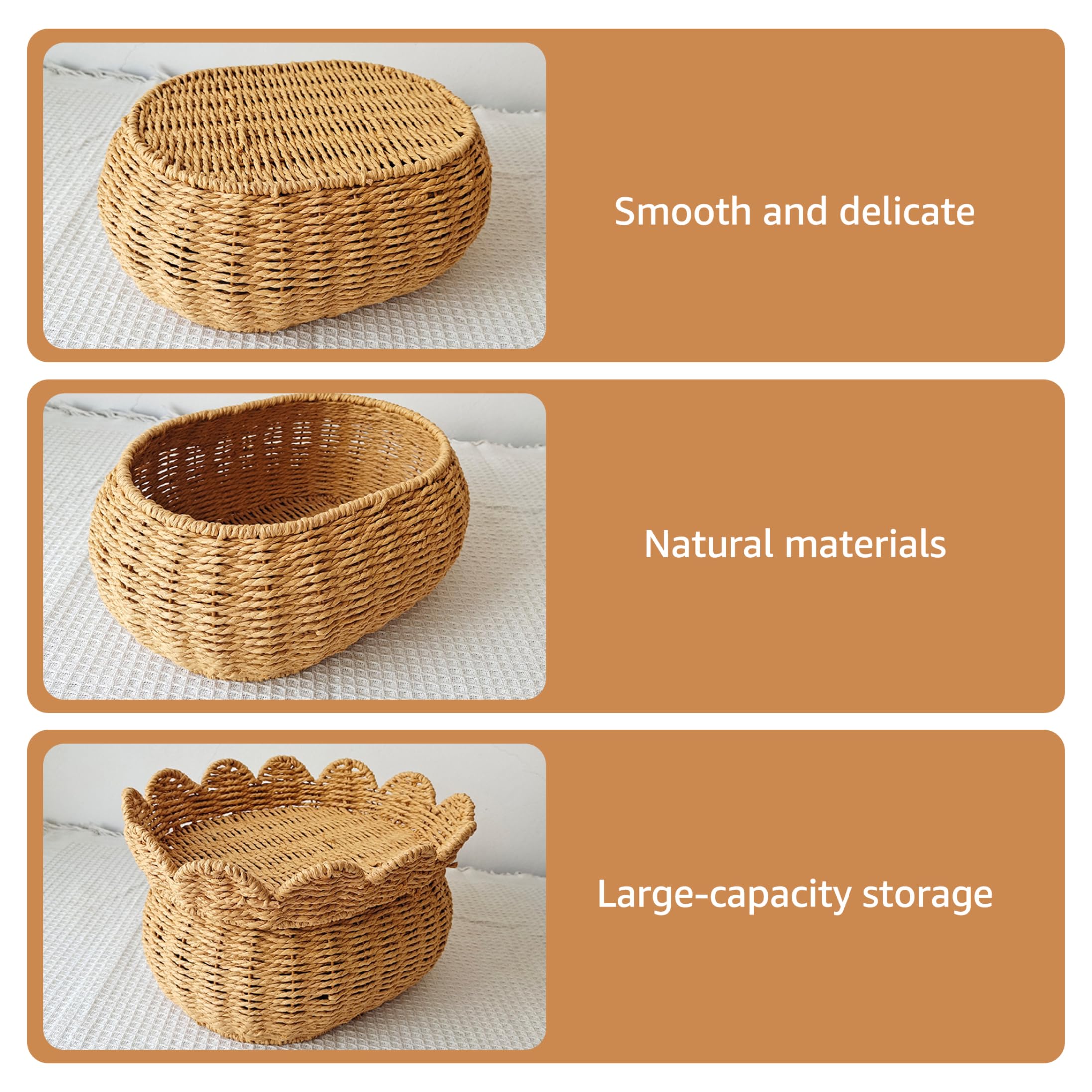 Set di 3 cestini smerlati, cestini in vimini con coperchio, portaoggetti in rattan intrecciato a mano, per soggiorno, bagno, camera da letto, cibo, pane, picnic, 3 misure