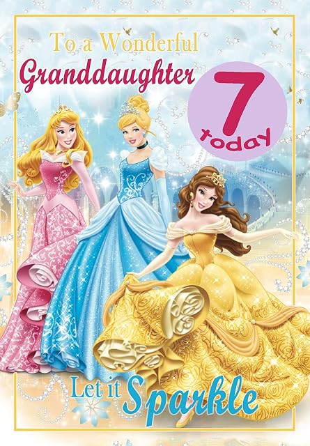 Birthday Card for Granddaughter Age 7  Disney Princess  Optional Personalised Extra Large 77MM Badge - Full Colour Inside!