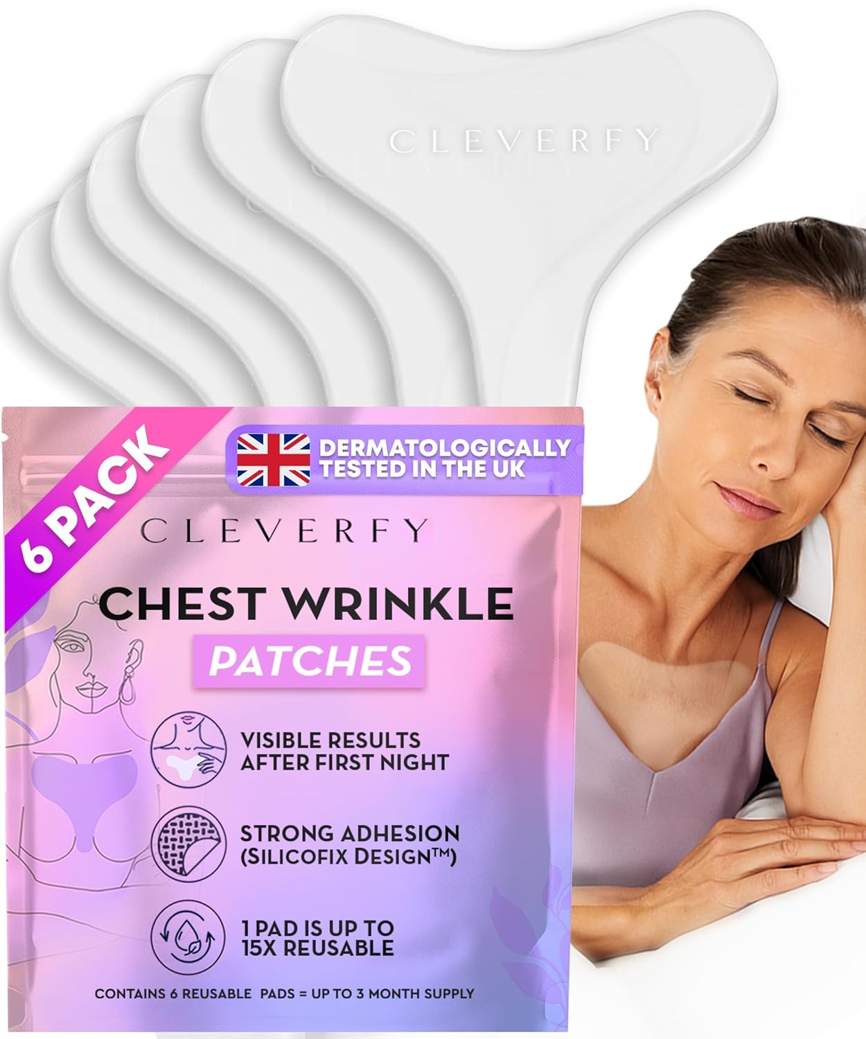 CLEVERFY Silicone Chest Wrinkle Patches for Side Sleeping – Reusable Décolleté Anti-Wrinkle Chest Pads for Overnight Line Prevention (6 Pack, T-Shape)