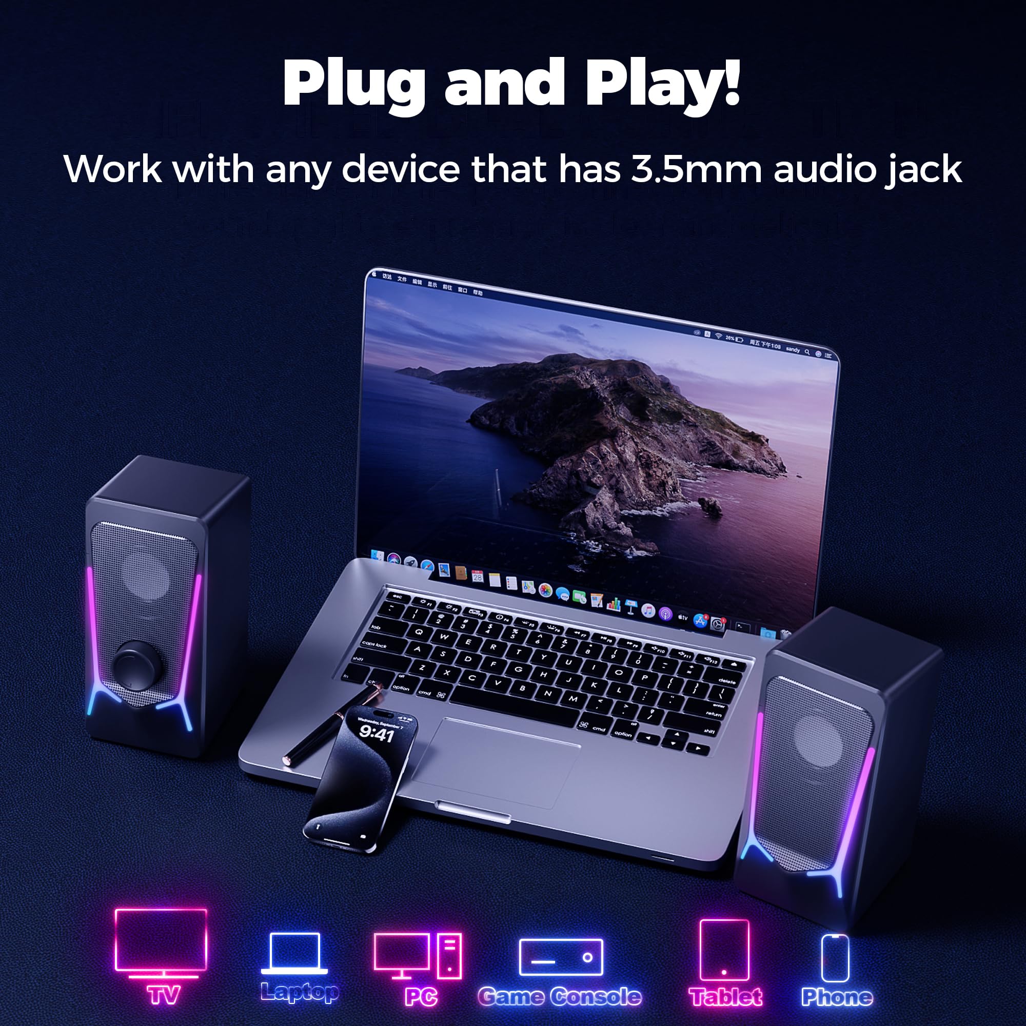 Altavoces de computadora, altavoces de PC para juegos con control mejorado de graves y volumen, estéreo 2.0 alimentado por USB de 0.138 in Aux multimedia altavoces para 5