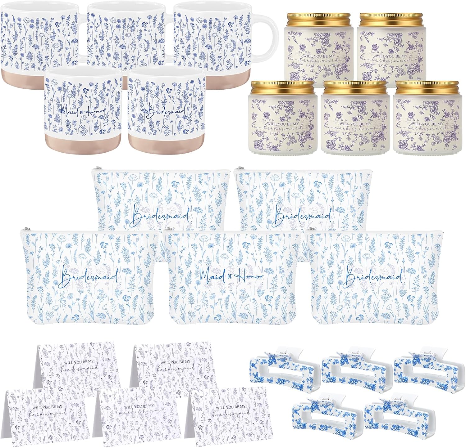 Nuanchu 25 Pcs Wedding Bridesmaid Proposal Gifts Maid of Honor Something Blue Proposal Gift Ceramic Cup Bridesmaid Makeup Bag Invited Card Hair Claw Clip Lavender Scented Candle for Bridal Party