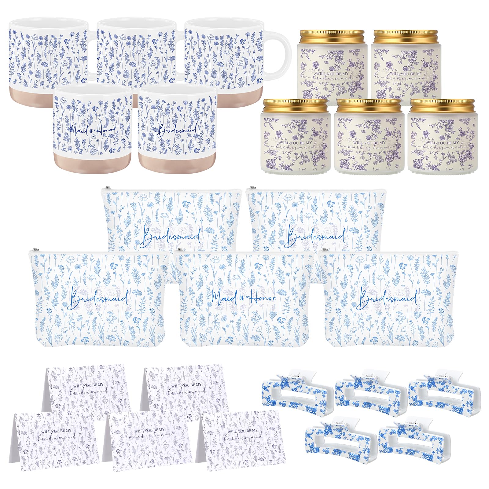 Nuanchu 25 Pcs Wedding Bridesmaid Proposal Gifts Maid of Honor Something Proposal Gift Ceramic Cup Bridesmaid Makeup Bag Invited Card Hair Claw Clip Lavender Scented Candle for Bridal Party(Blue)