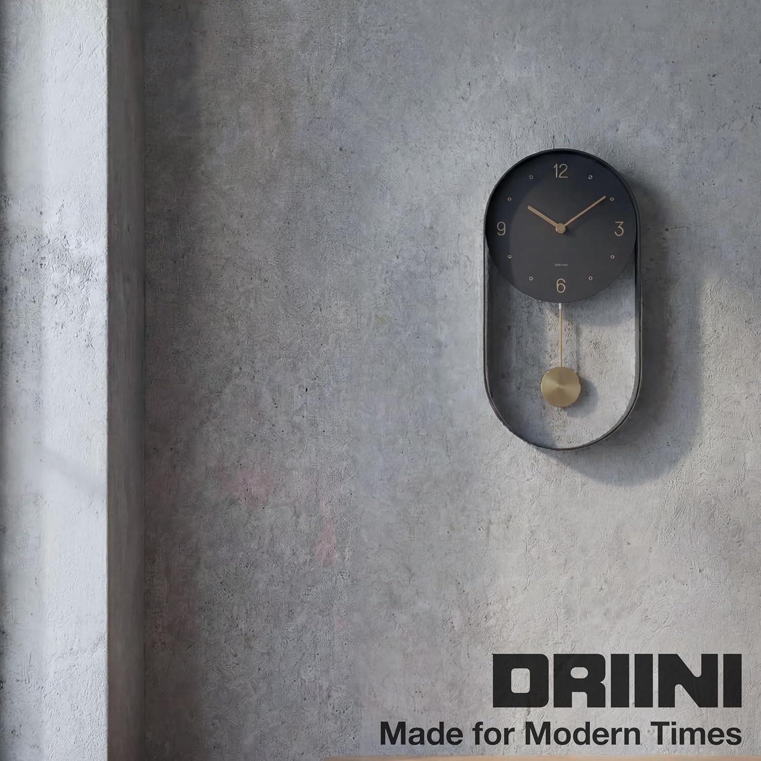 Driini Modern Pendulum Wall Clock - Black and Gold Decorative Wall Clock with Pendulum - Modern Minimalist Metal Wall Clock for Living Room Décor - Silent Battery Operated Wall Clock