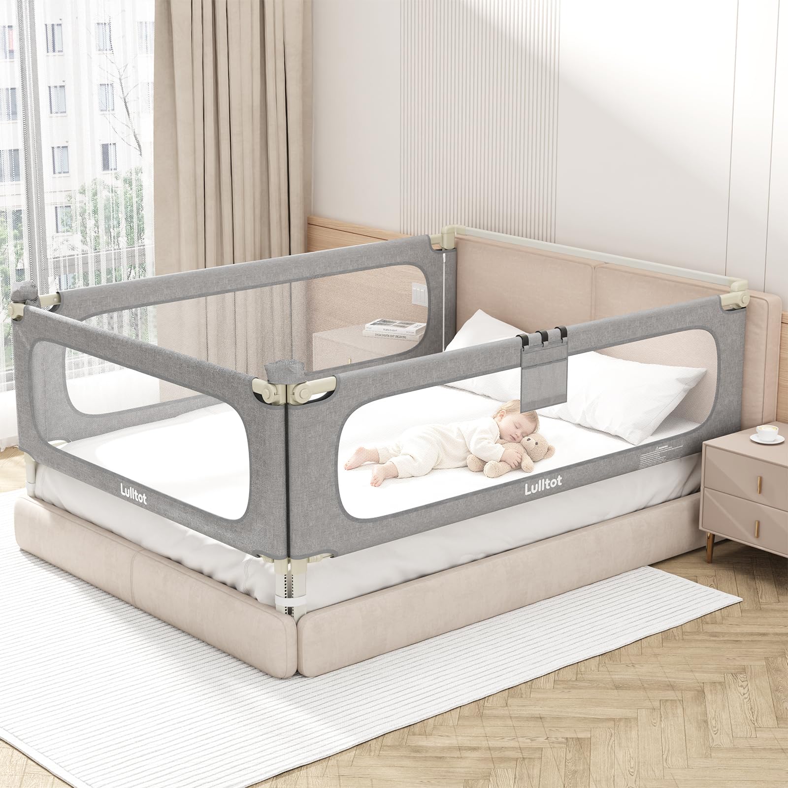 Barrera Seguridad Niños Cama 3 Lados Antiatrapamiento 180x200cm | Varillas en U, Altura Regulable 66–96 cm, con Varillas Sellagrietas, para Camas Boxspring, Niños hasta 5 Años