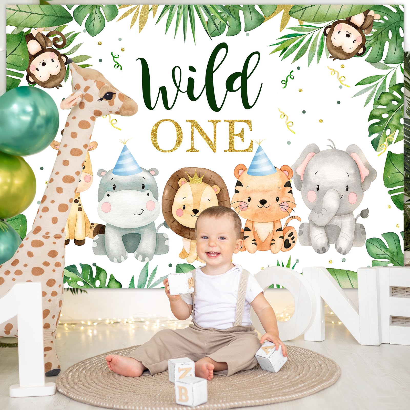 Avezano Wild One Banner – Safari Dschungel Tiere – 1. Geburtstag Junge – Foto-Hintergrund 180x110 Cm Aus Polyester
